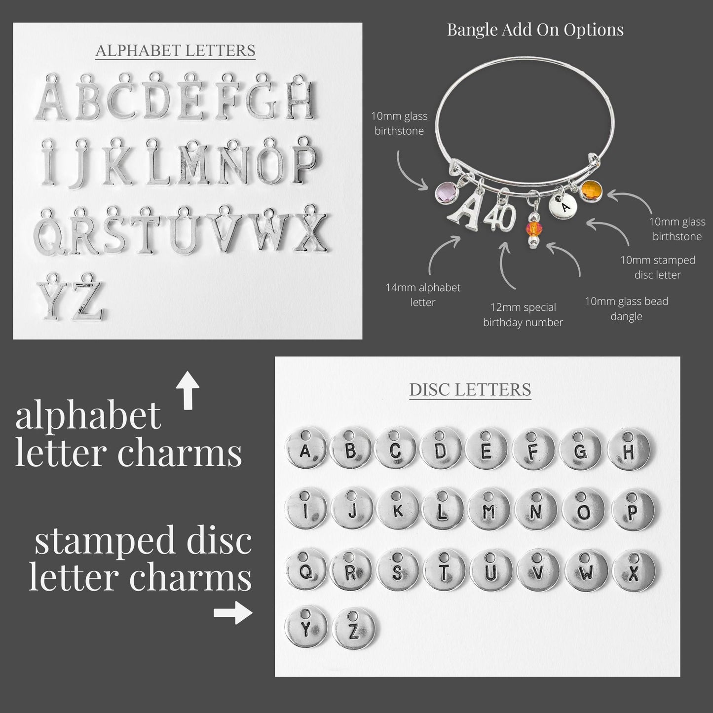 Collection of alphabet letter charms including bangle add-ons and stamped disc letters on a gray background.