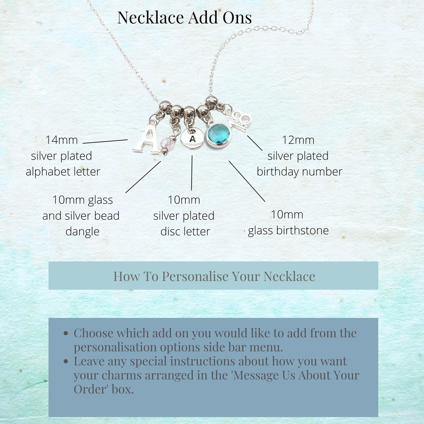 Necklace with customizable add-ons on a light blue background