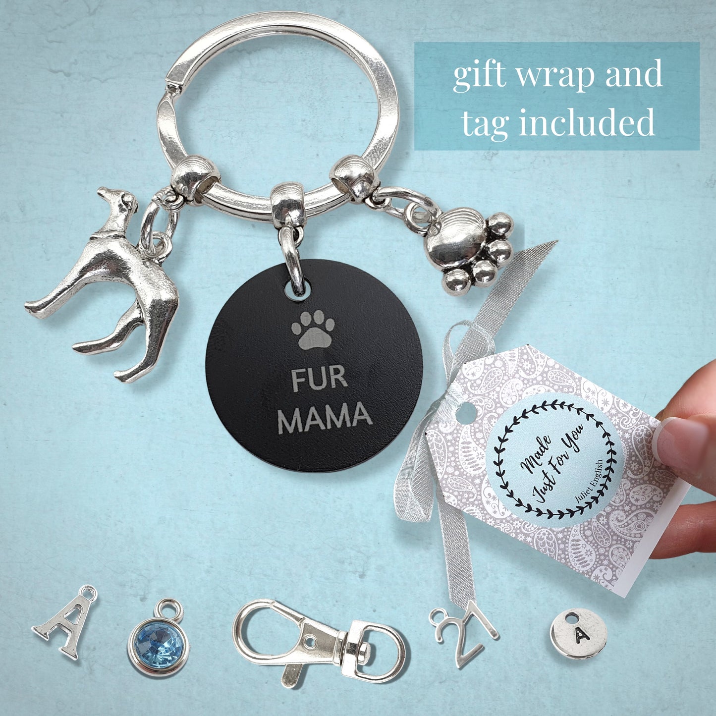 Engraved 'Fur Mama' Greyhound Keyring - Silver