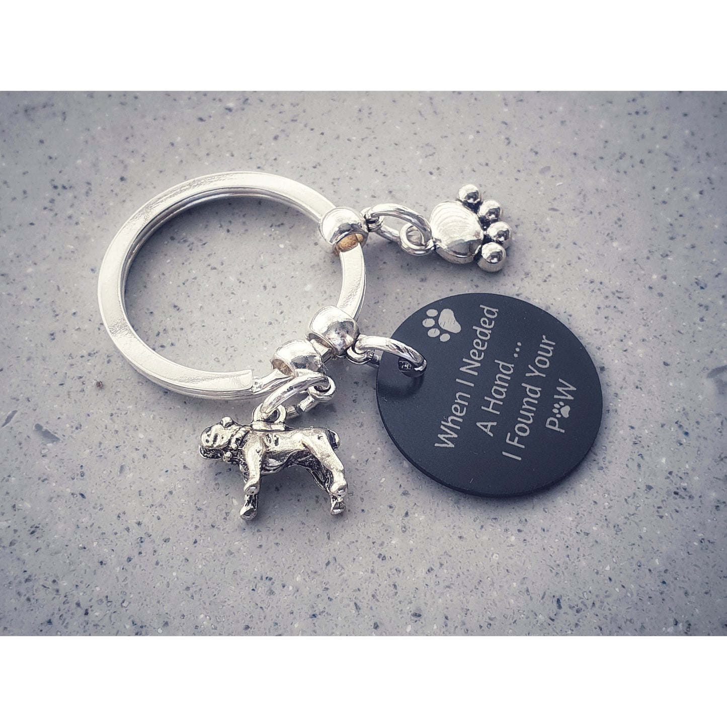 Engraved 'When I needed a Hand... I Found Your Paw' Bulldog Keyring - Silver