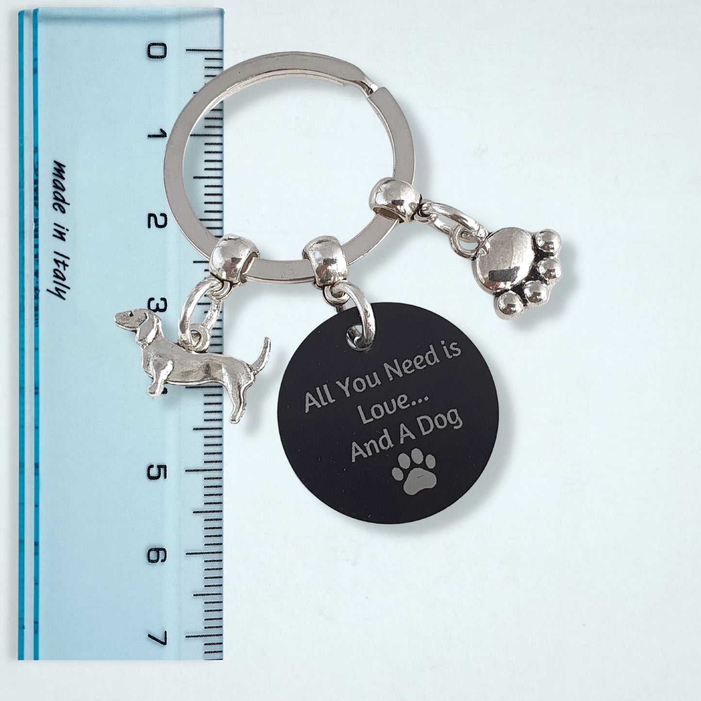 Engraved 'All You Need Is Love ... And A Dog' Dachshund Keyring - Silver