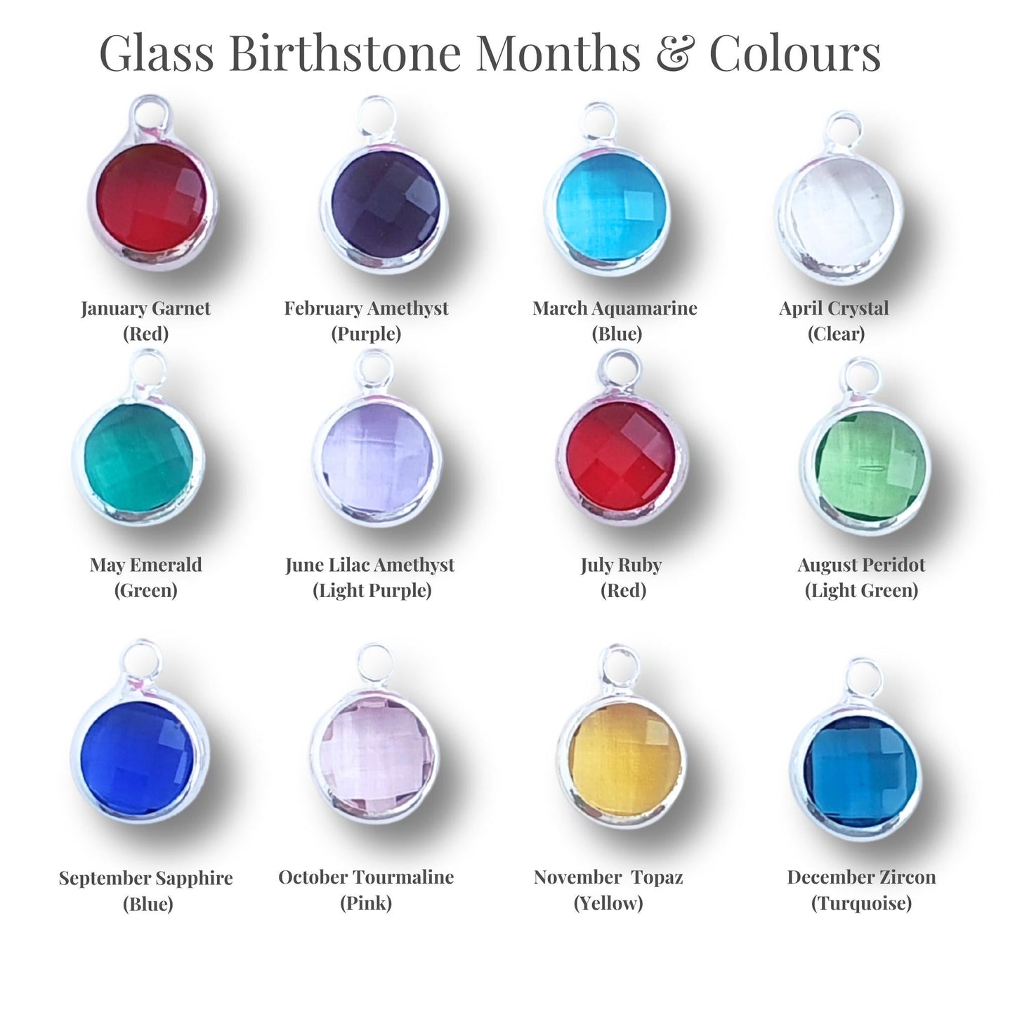 Chart showing glass birthstone pendants with corresponding months and colors on a white background.
