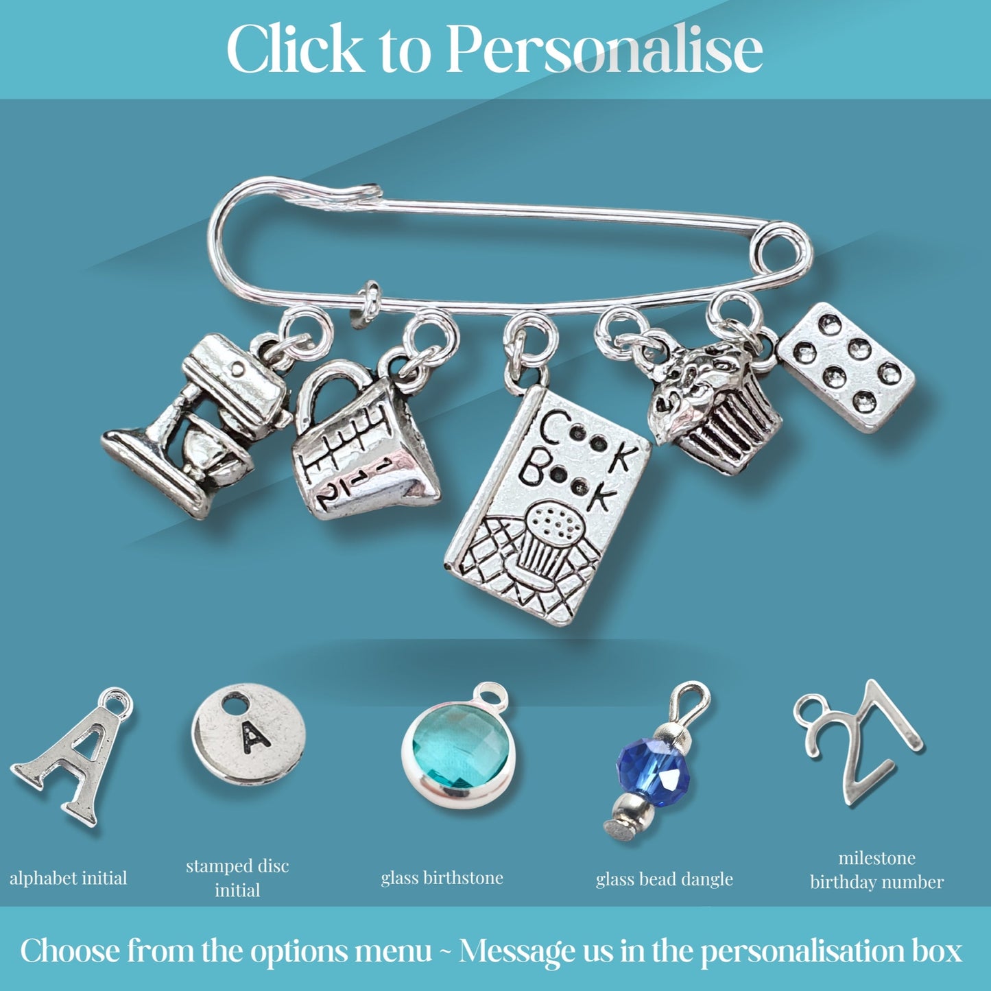 Silver charm brooch with various cooking charms on a blue background