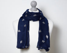 Load image into Gallery viewer, Foil Bee Scarf - Navy &amp; Silver

