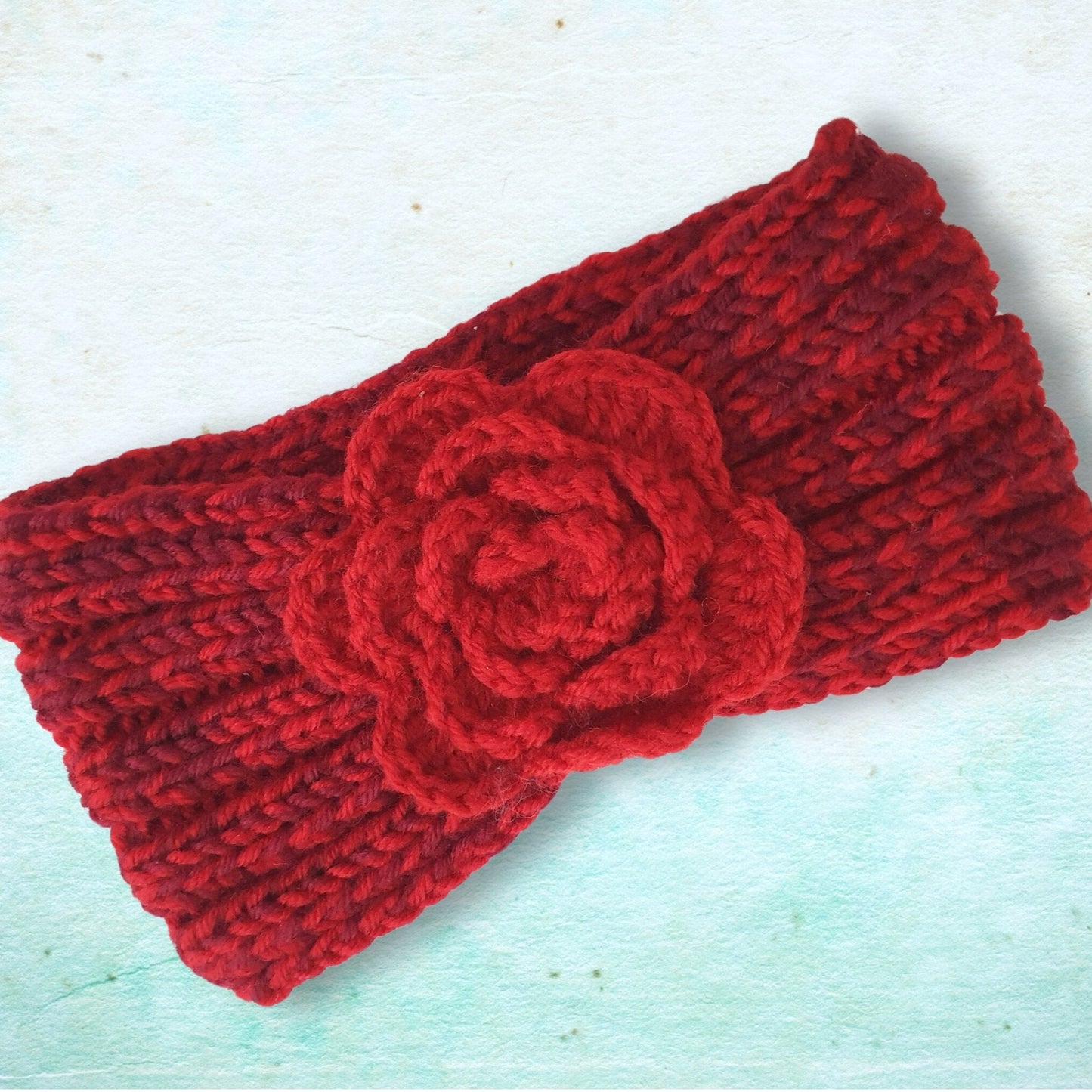 Knitted Flower Headband - Red