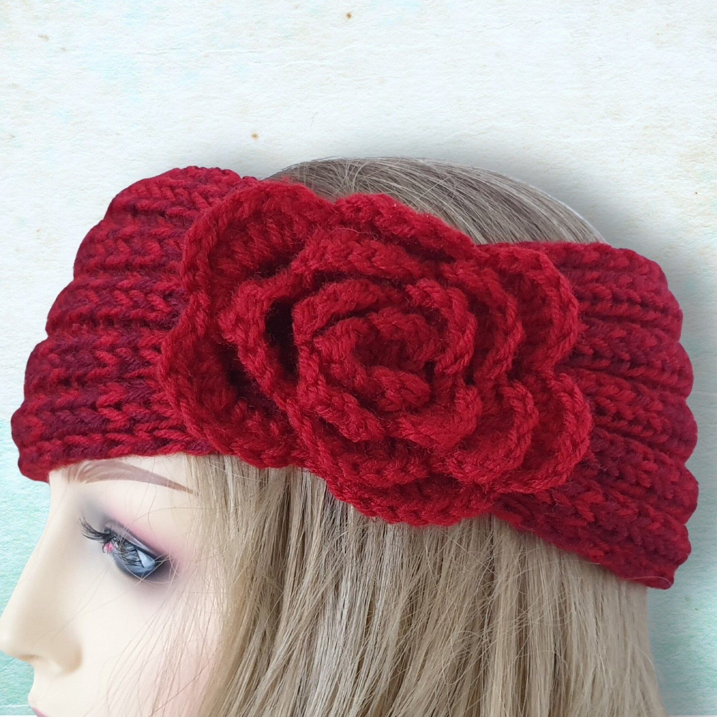 Knitted Flower Headband - Red