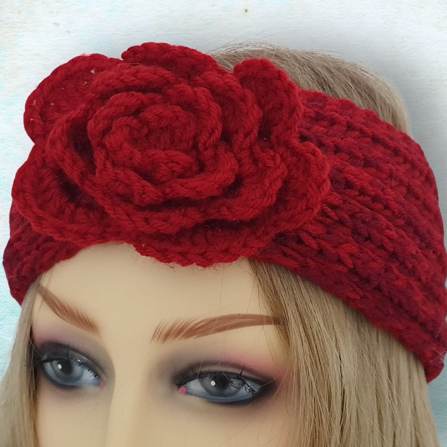 Knitted Flower Headband - Red