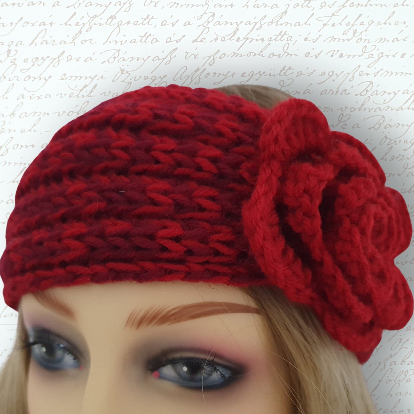 Knitted Flower Headband - Red