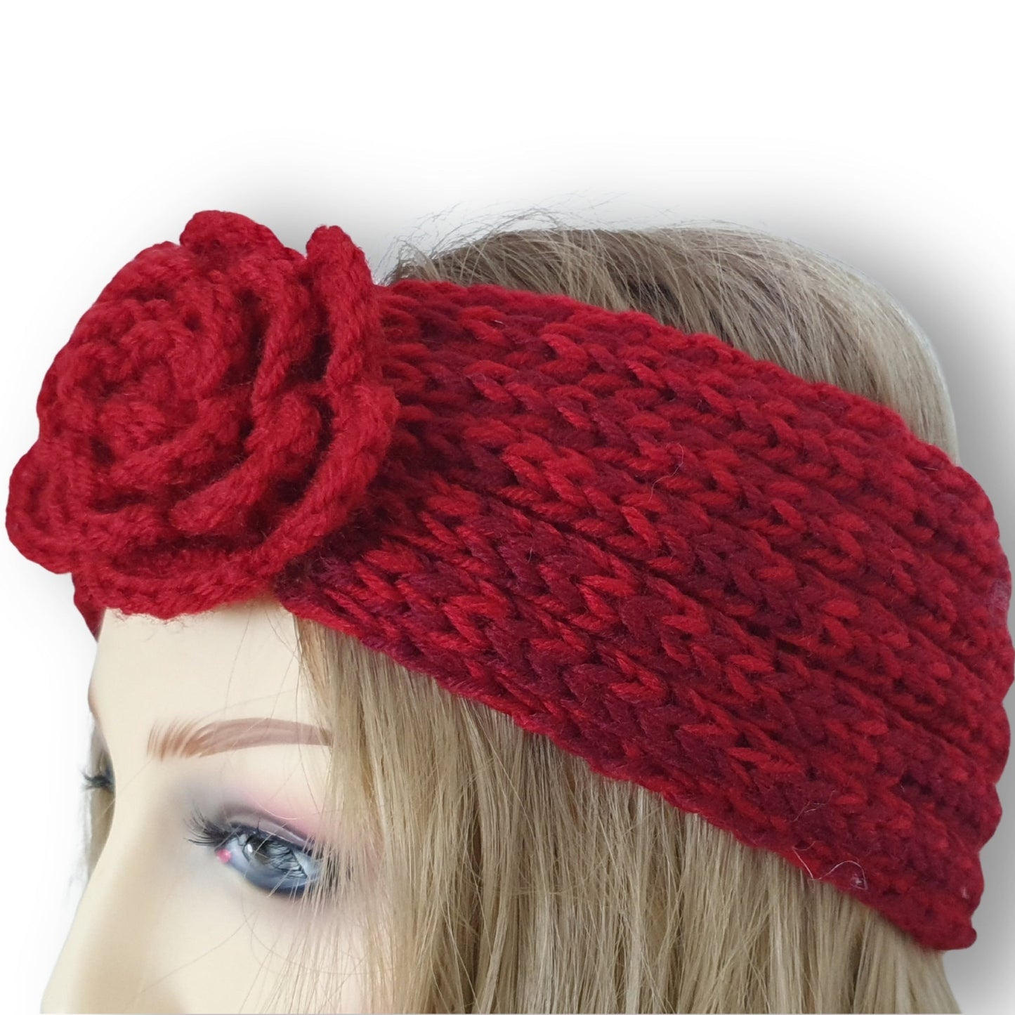 Knitted Flower Headband - Red