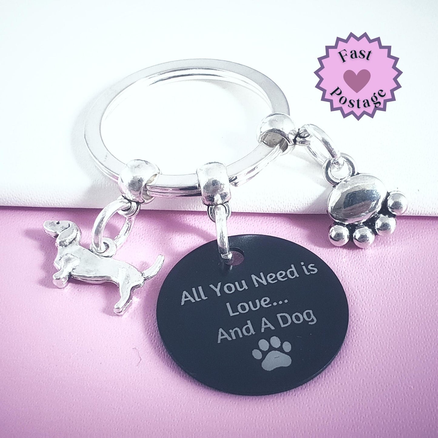 Engraved 'All You Need Is Love ... And A Dog' Dachshund Keyring - Silver