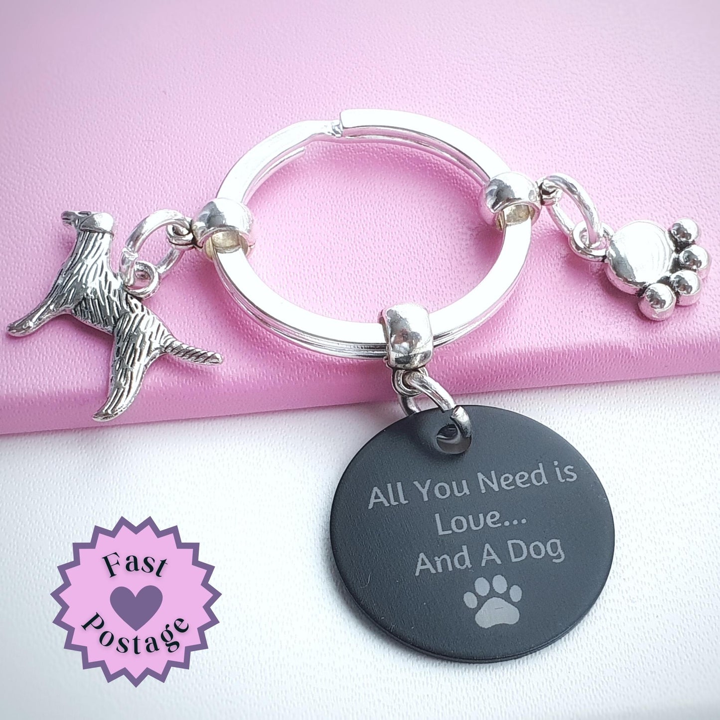 'All you need is Love... and a Dog' Retriever Keyring - Silver