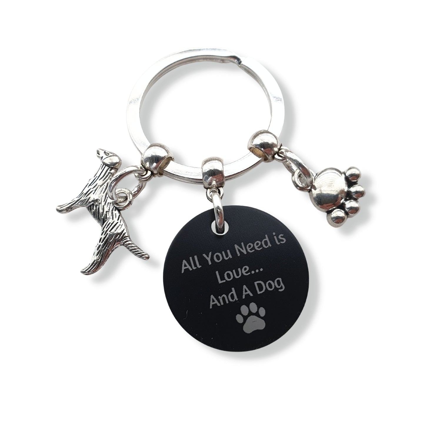 'All you need is Love... and a Dog' Retriever Keyring - Silver