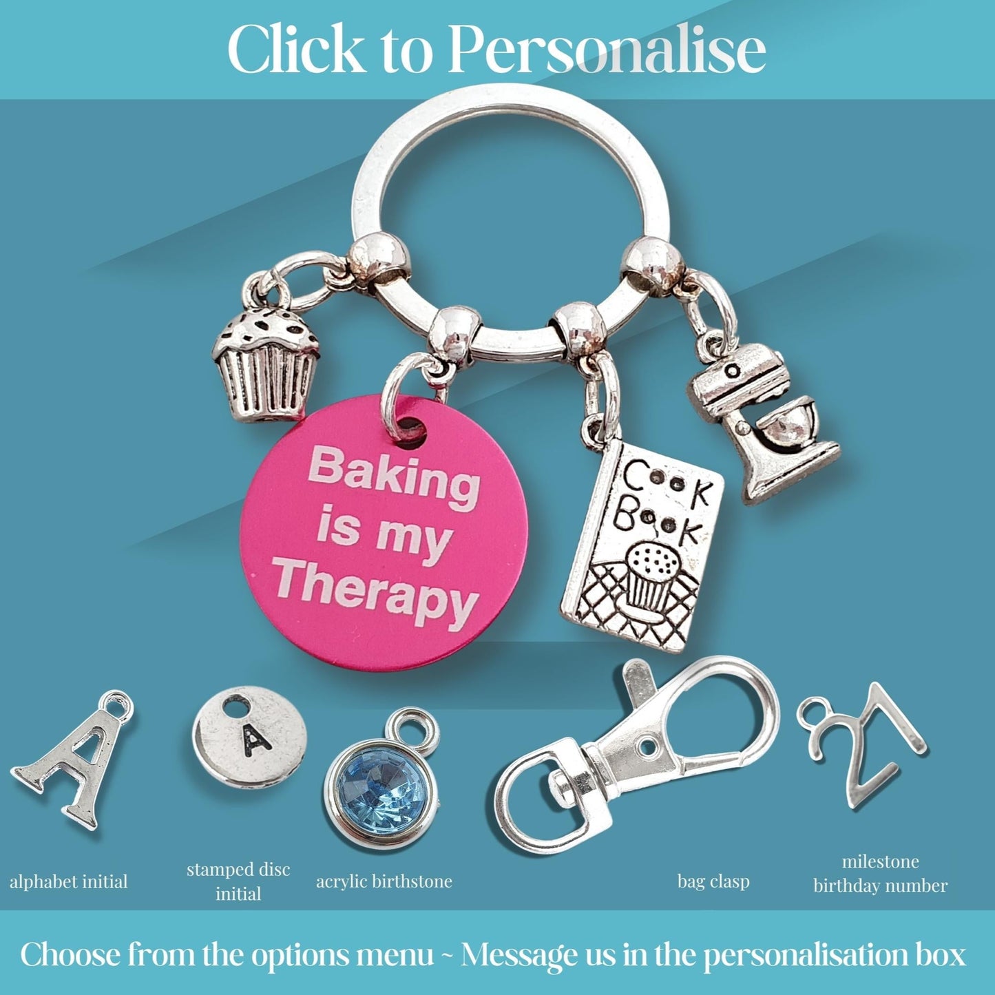 Keychain with charms and a pink tag reading 'Baking is my Therapy' on a blue background