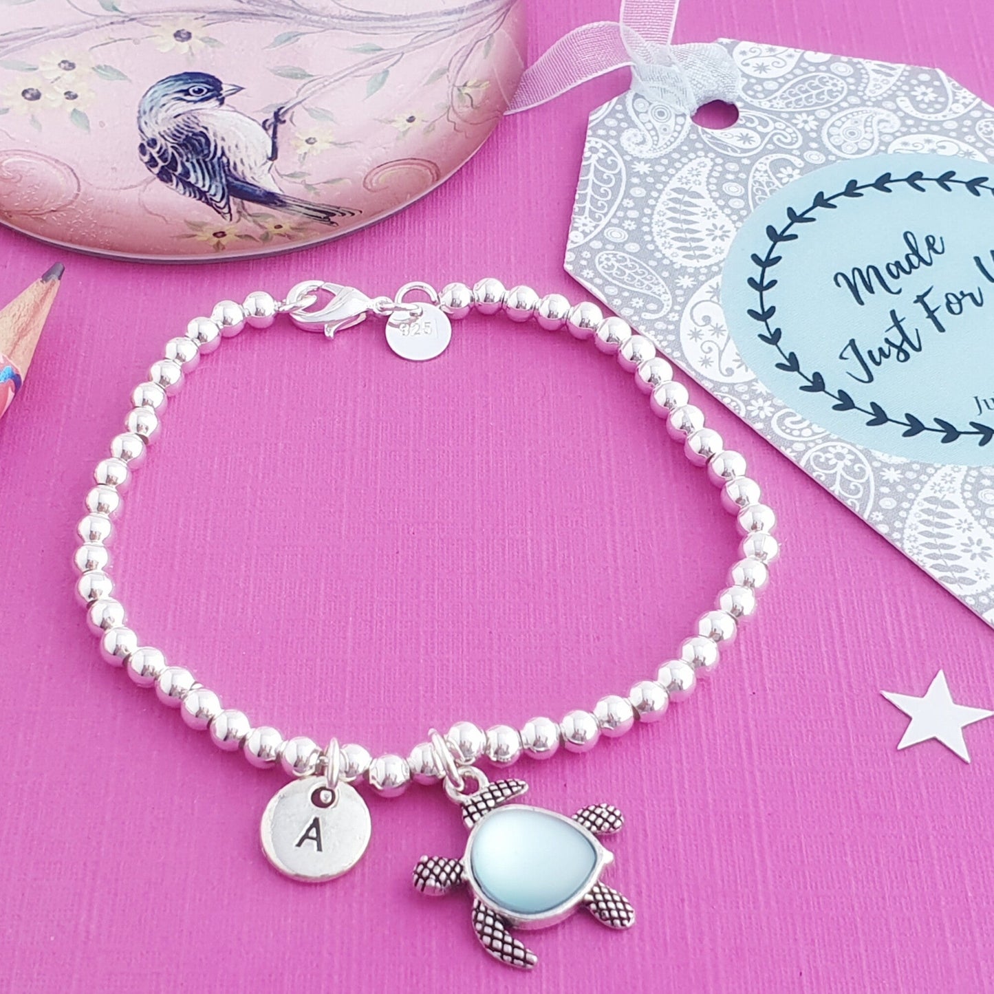 Sea Turtle Bead Ball Bracelet - Sterling Silver