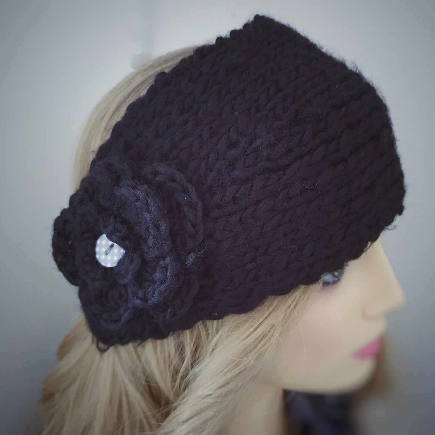Knitted Flower Headband - Black