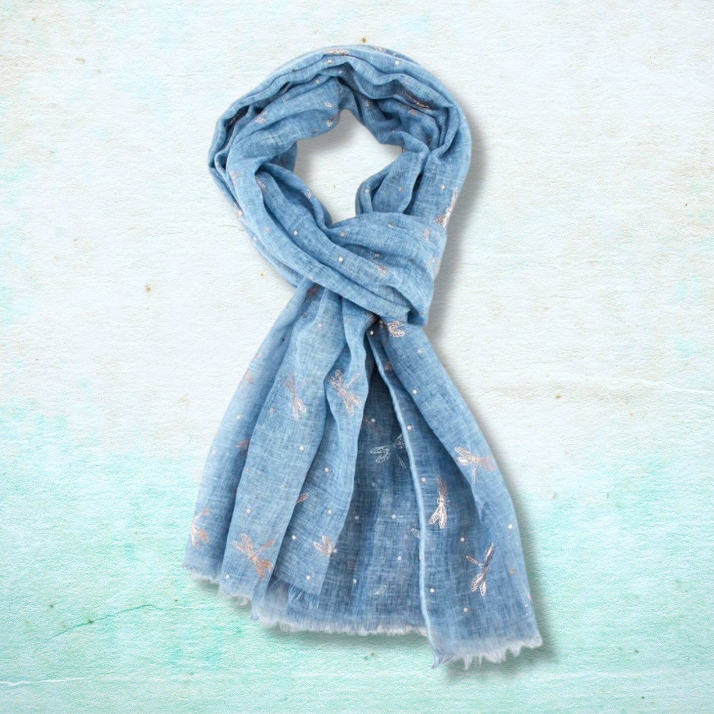 Ladies Lightweight Scarf with Rose Gold Dragonfly Design - Blue