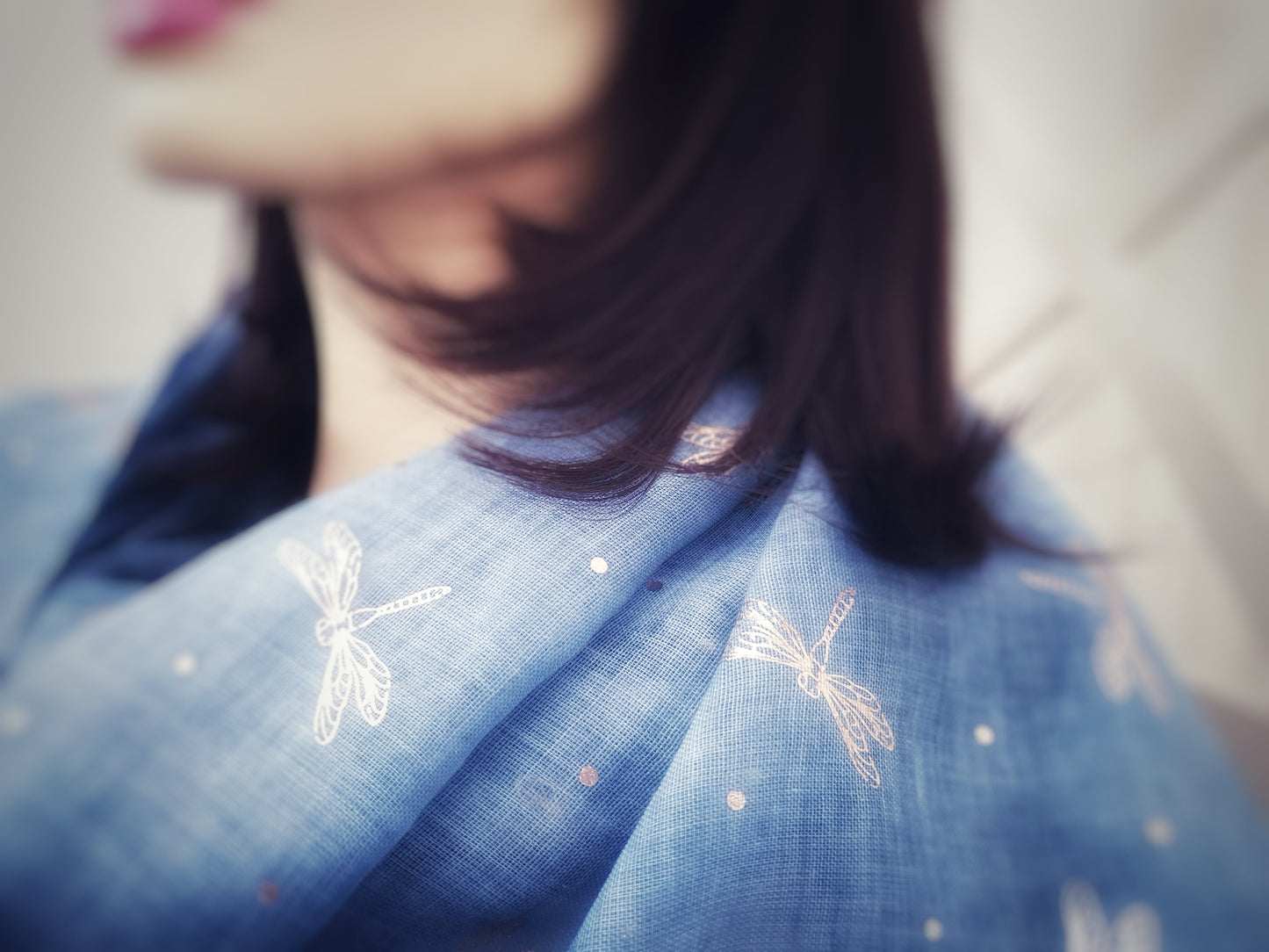 Ladies Lightweight Scarf with Rose Gold Dragonfly Design - Blue