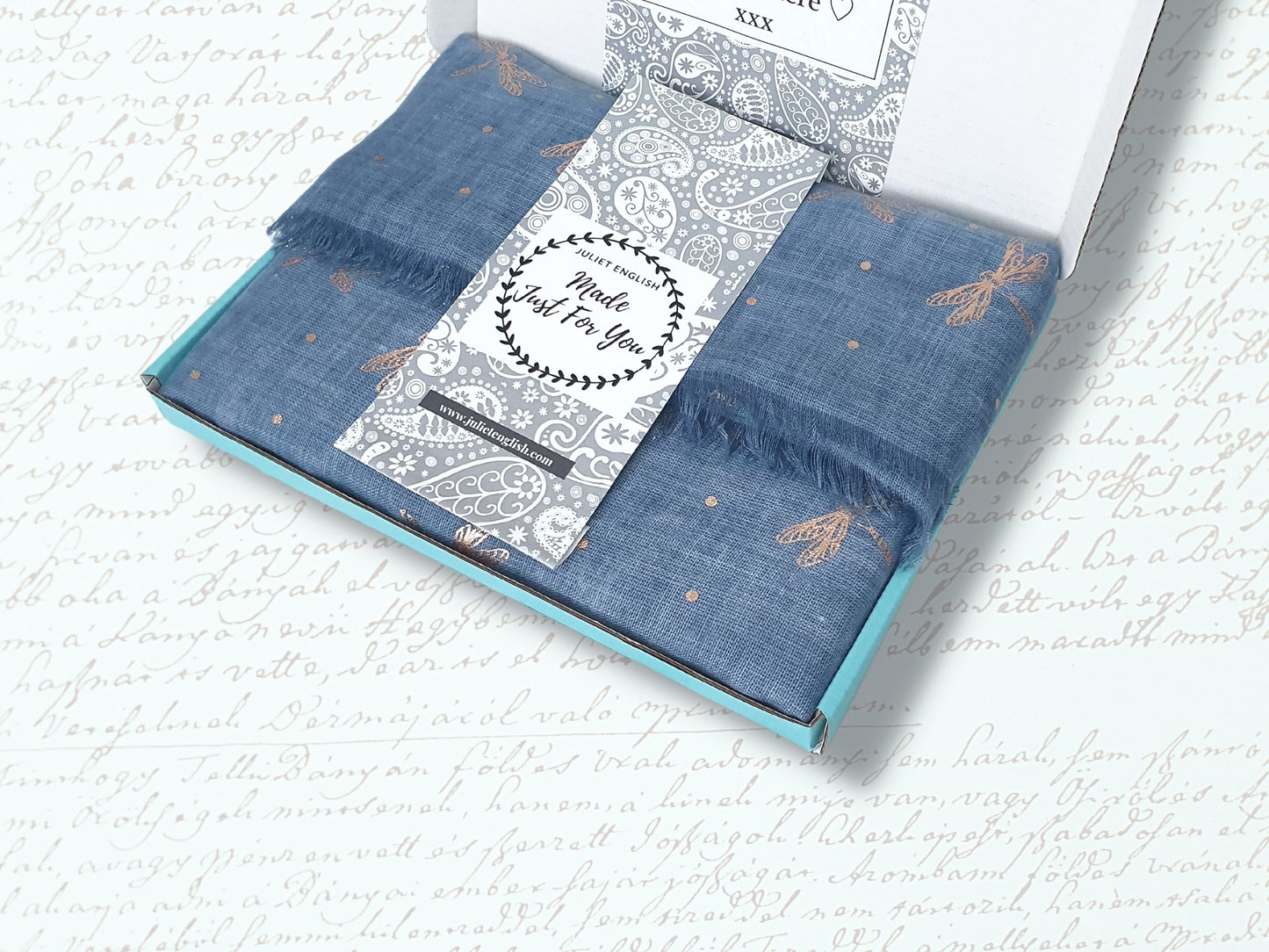 Ladies Lightweight Scarf with Rose Gold Dragonfly Design - Blue