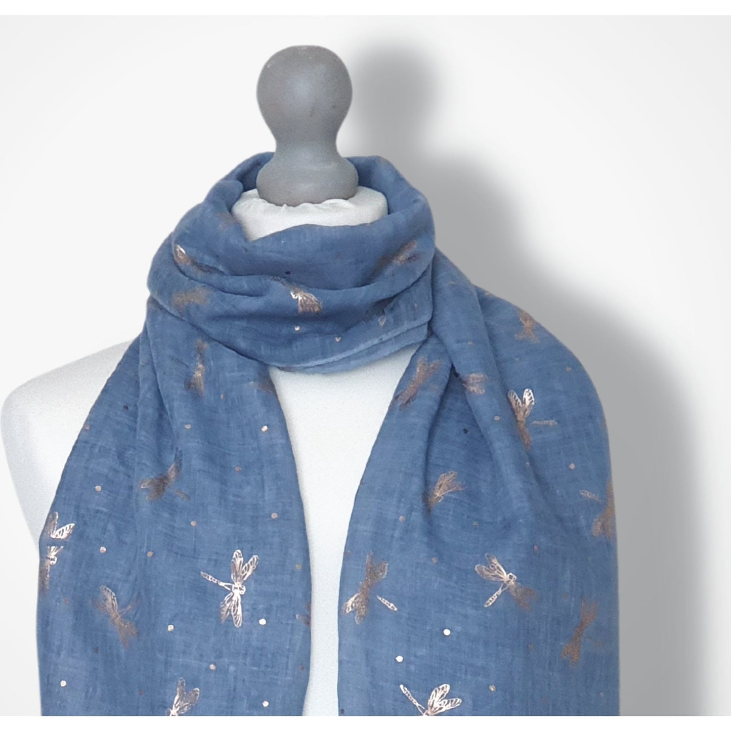 Ladies Lightweight Scarf with Rose Gold Dragonfly Design - Blue