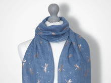 Load image into Gallery viewer, Ladies Lightweight Scarf with Rose Gold Dragonfly Design - Blue
