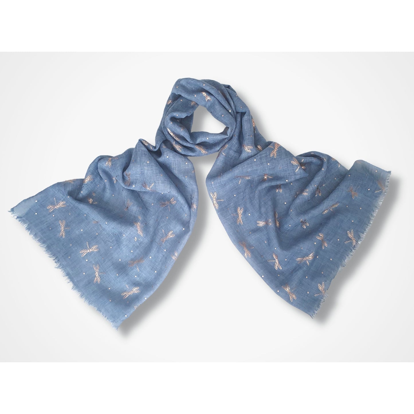 Ladies Lightweight Scarf with Rose Gold Dragonfly Design - Blue