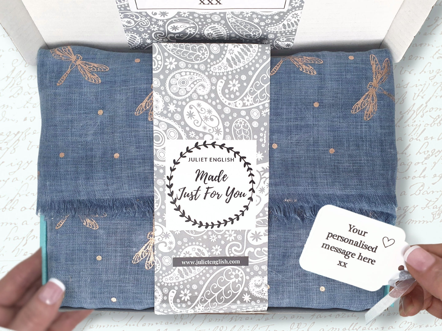 Ladies Lightweight Scarf with Rose Gold Dragonfly Design - Blue