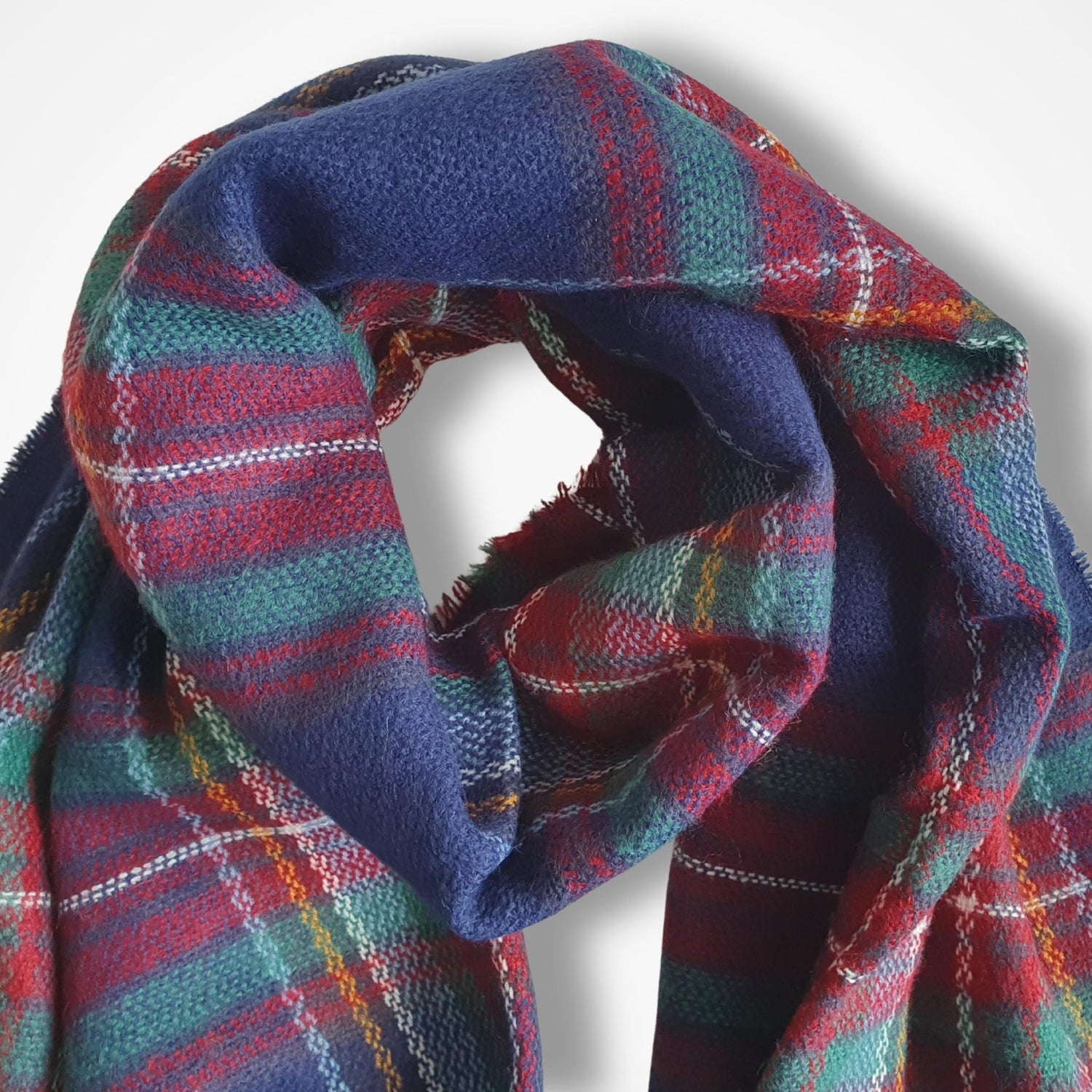 Plaid scarf with blue, red, and green colors on a white background