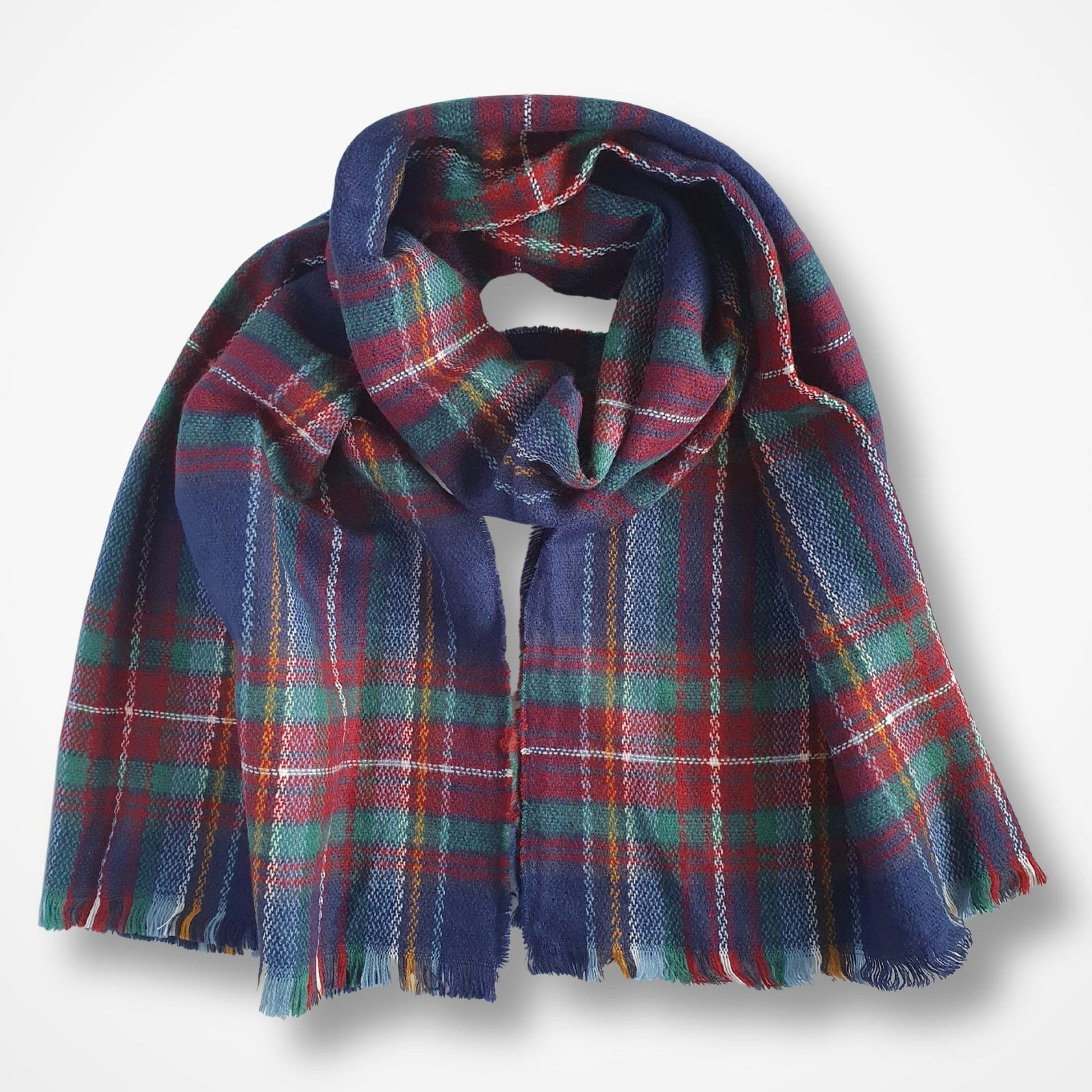 Plaid scarf in red, blue, and green on a white background