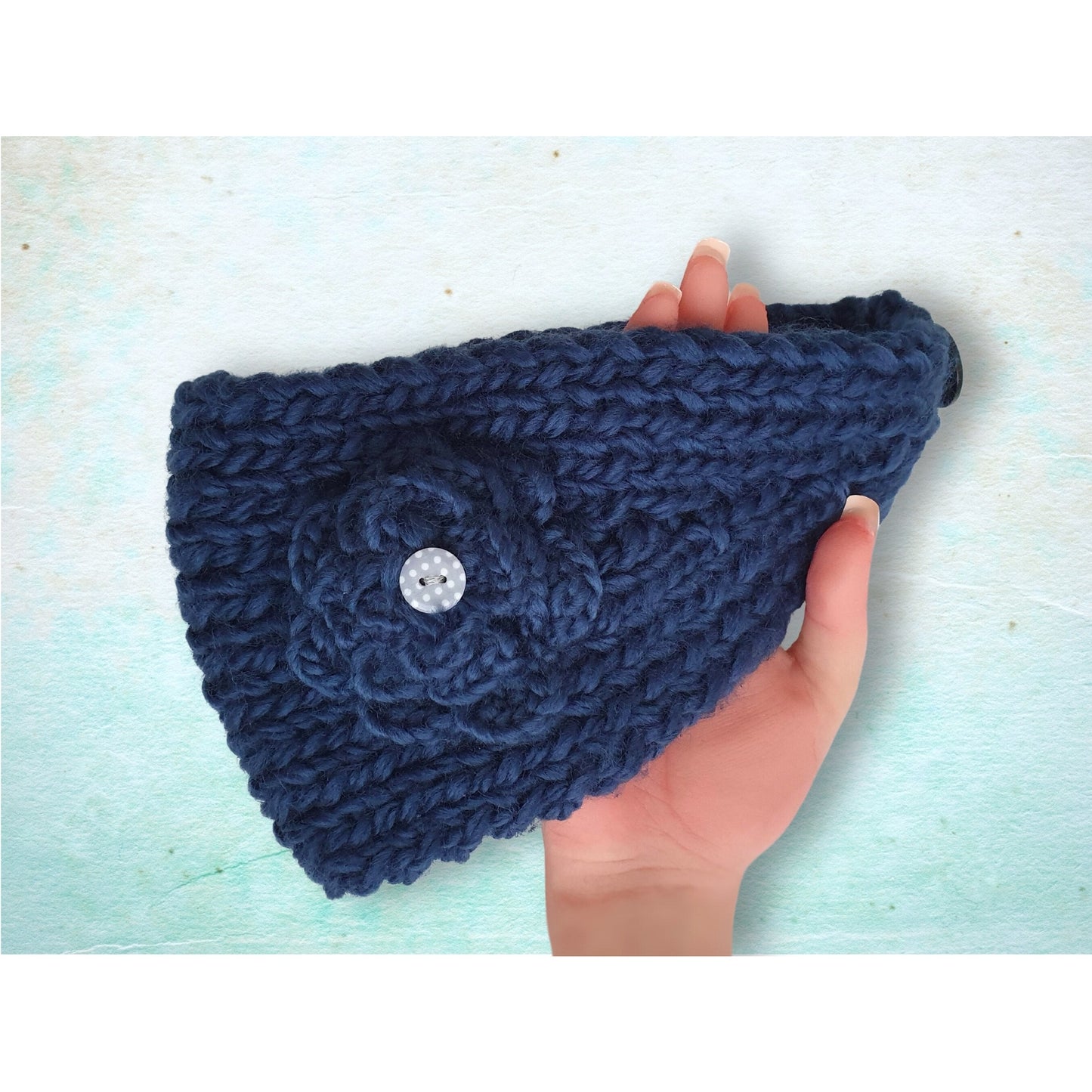 Knitted Flower Headband - Blue