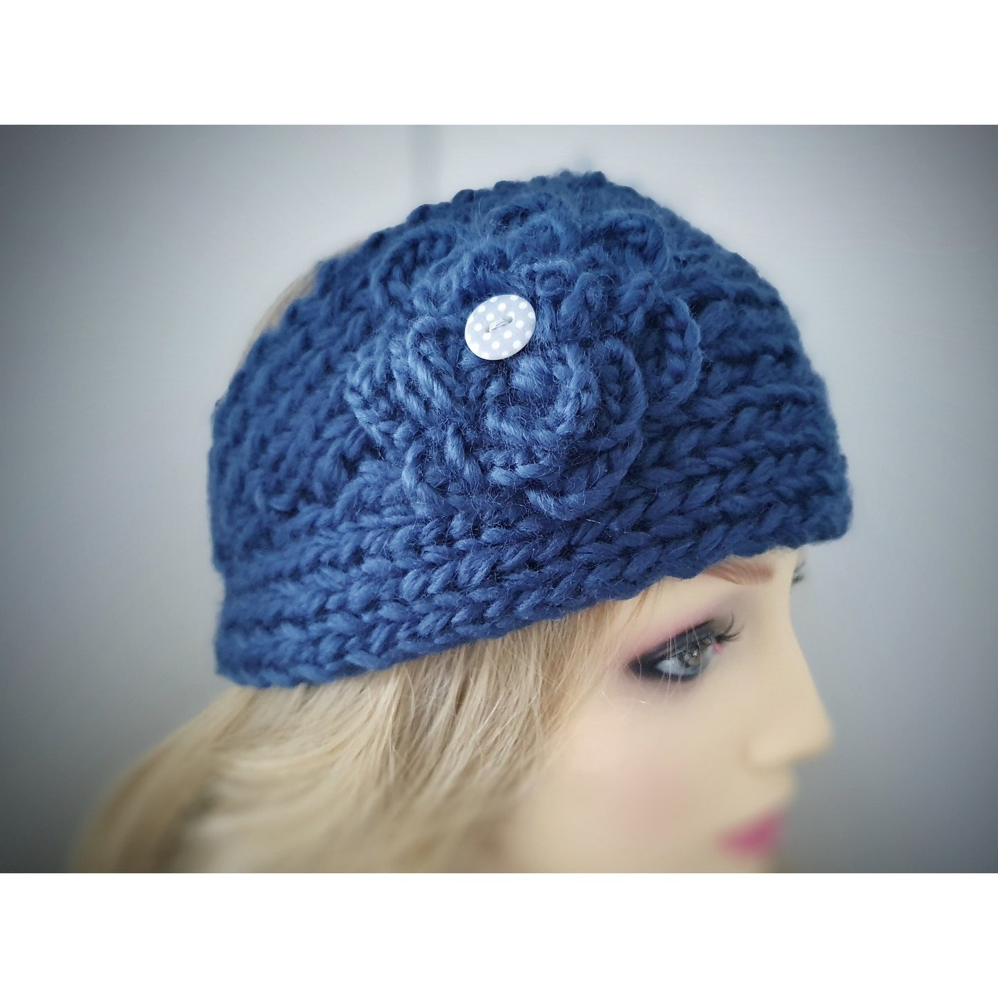 Knitted Flower Headband - Blue