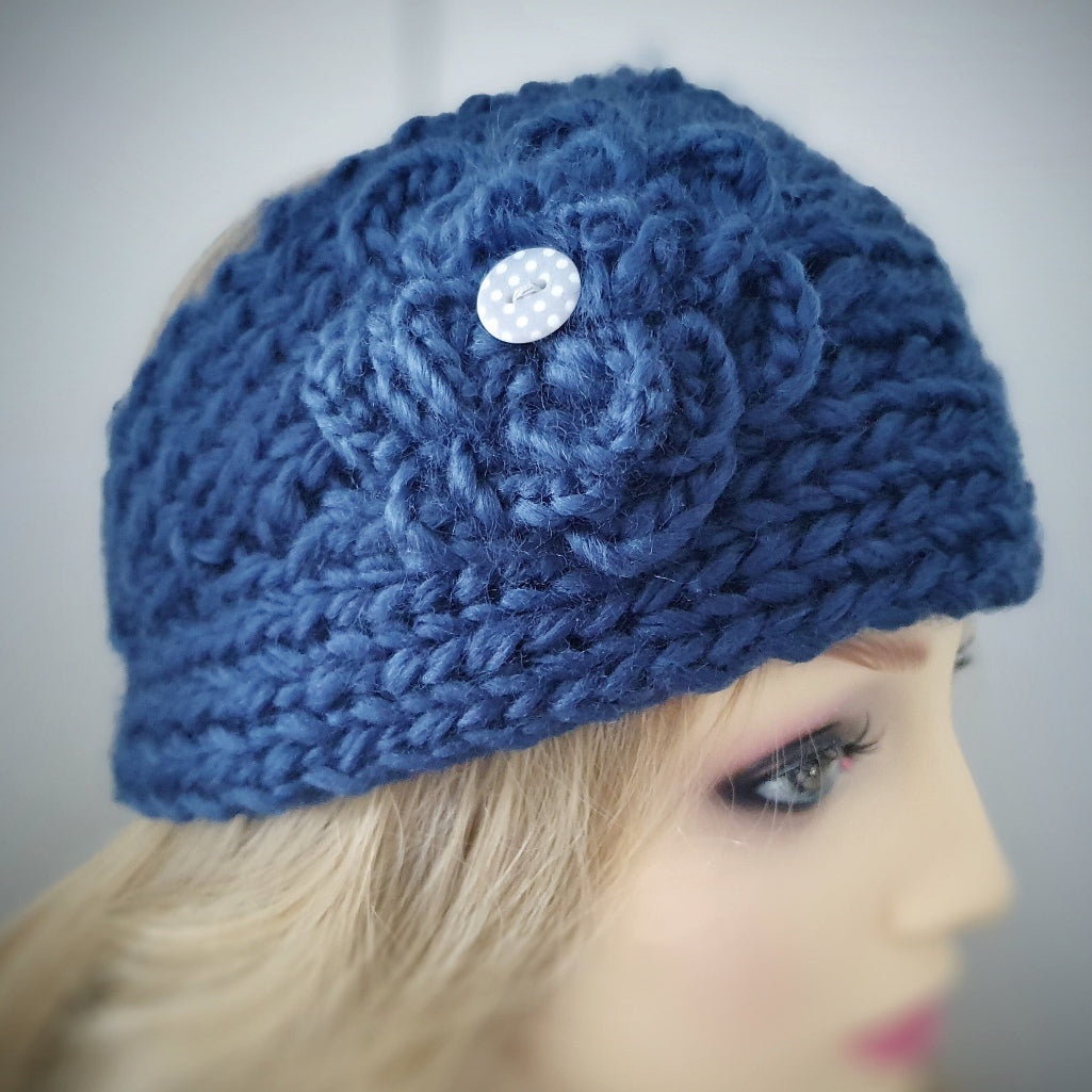 Knitted Flower Headband - Blue