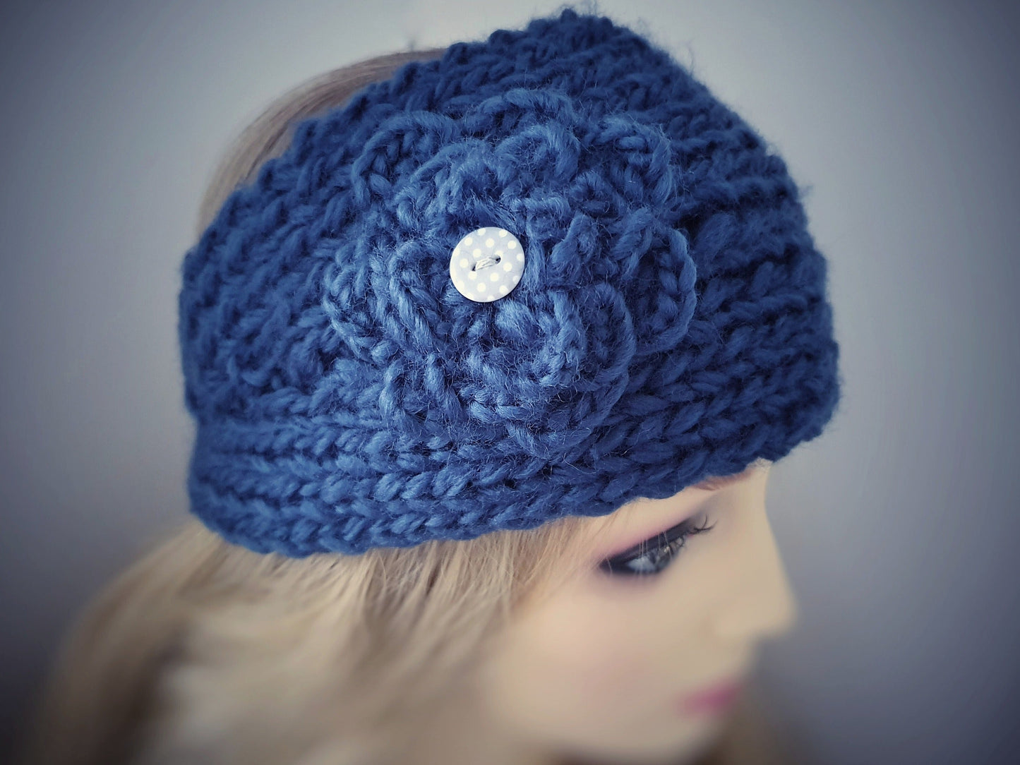 Knitted Flower Headband - Blue