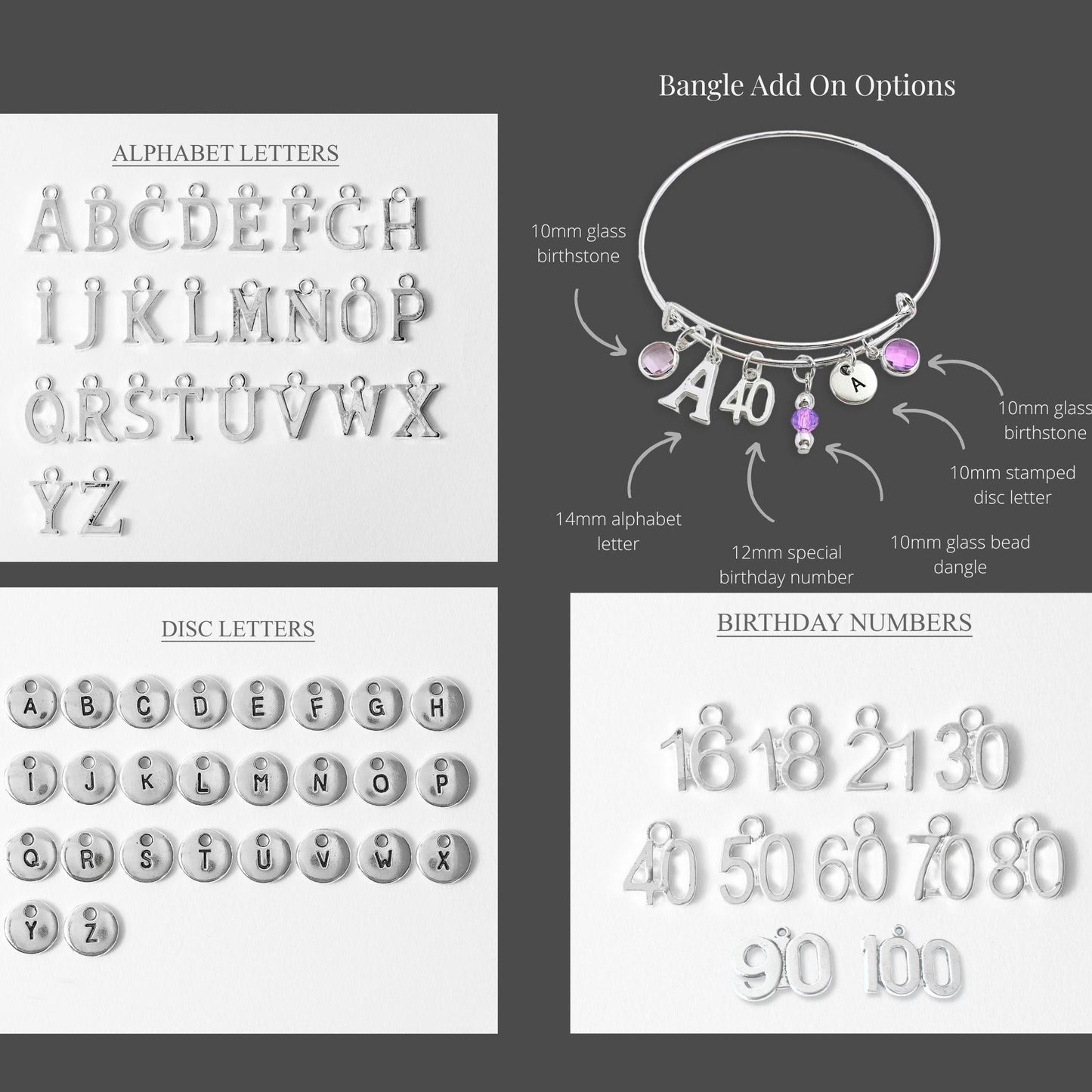 Collection of alphabet letters, bangle add-on options, disc letters, and birthday numbers on a gray background.