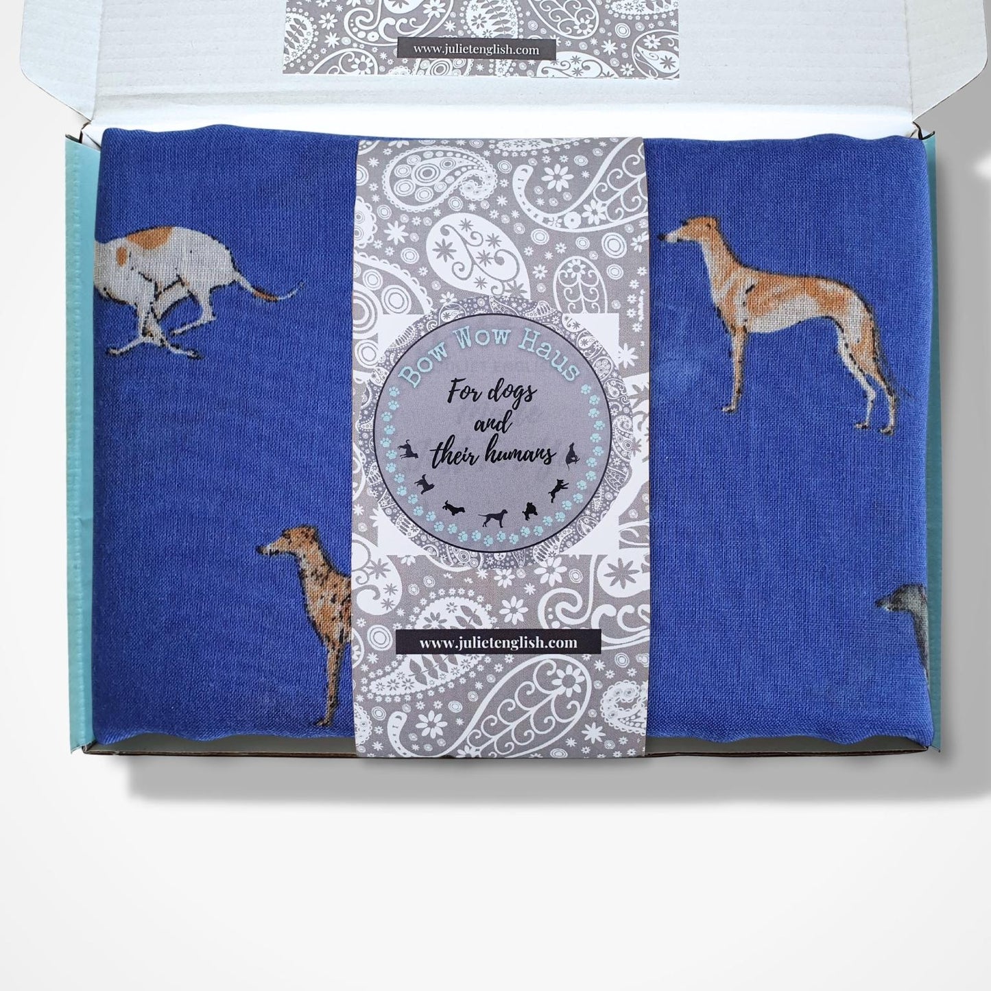 Scarf with whippet pattern in a box on a white background