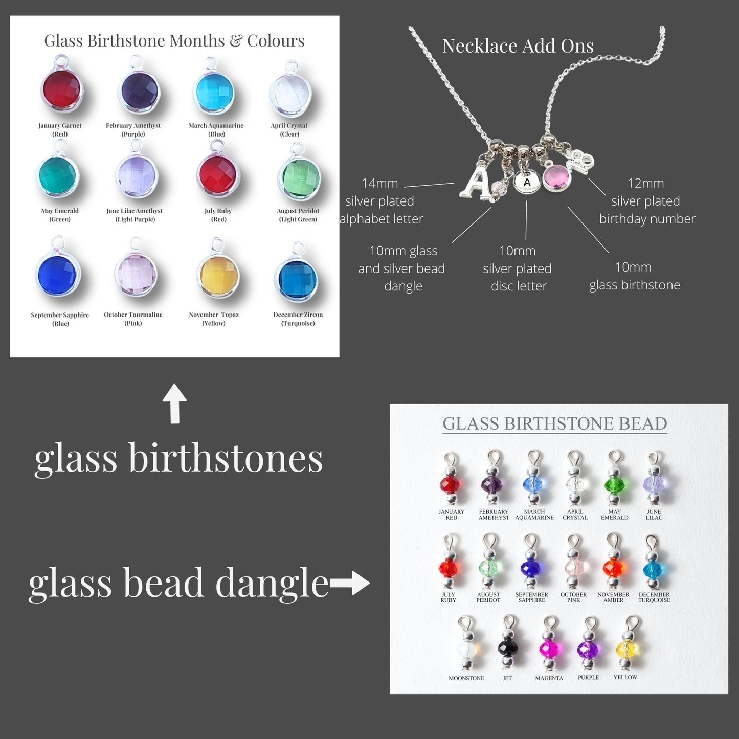 Collection of glass birthstone beads and necklace add-ons with color chart on a gray background.