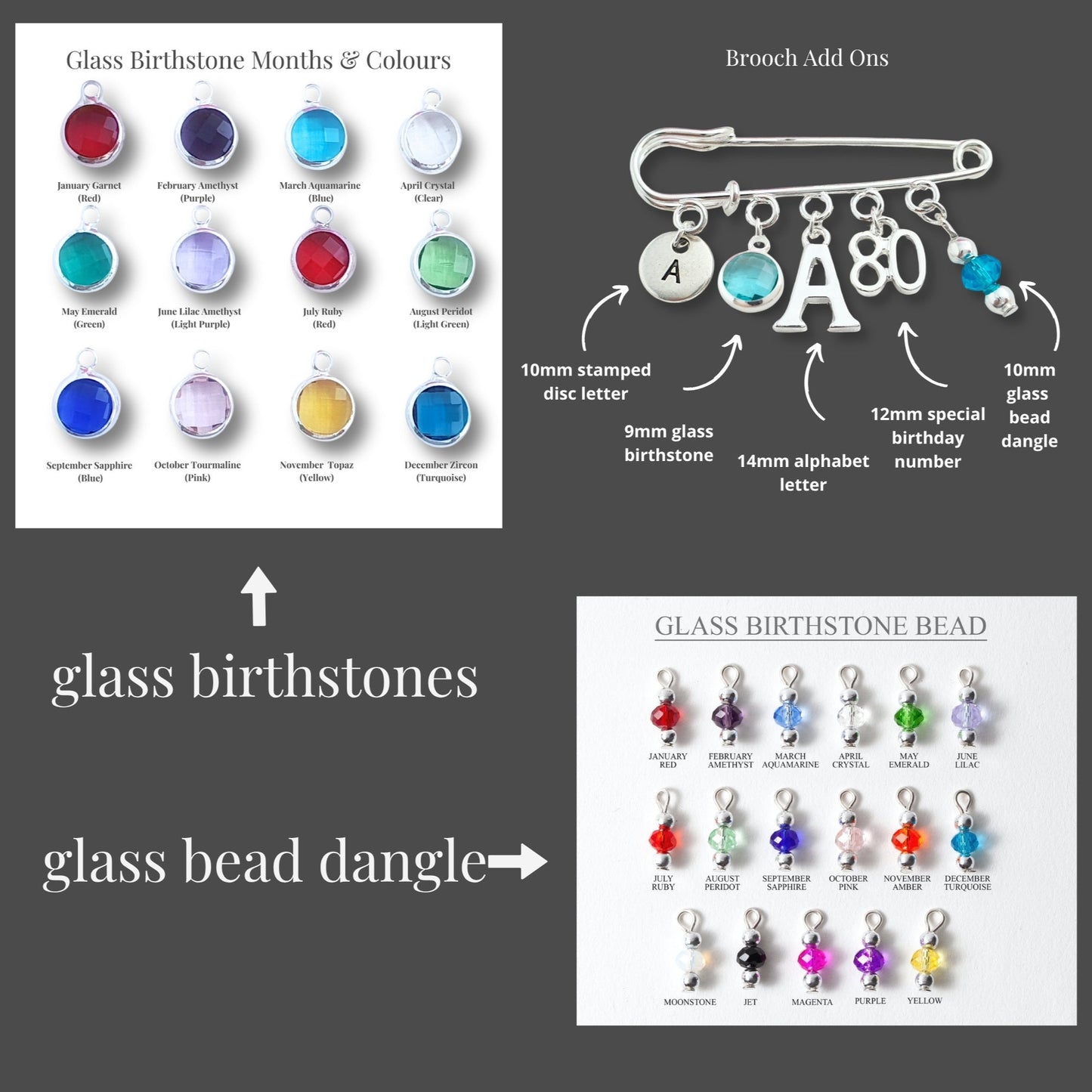 Collection of glass birthstones, bead dangles, and brooch add-ons with color swatches on a gray background.