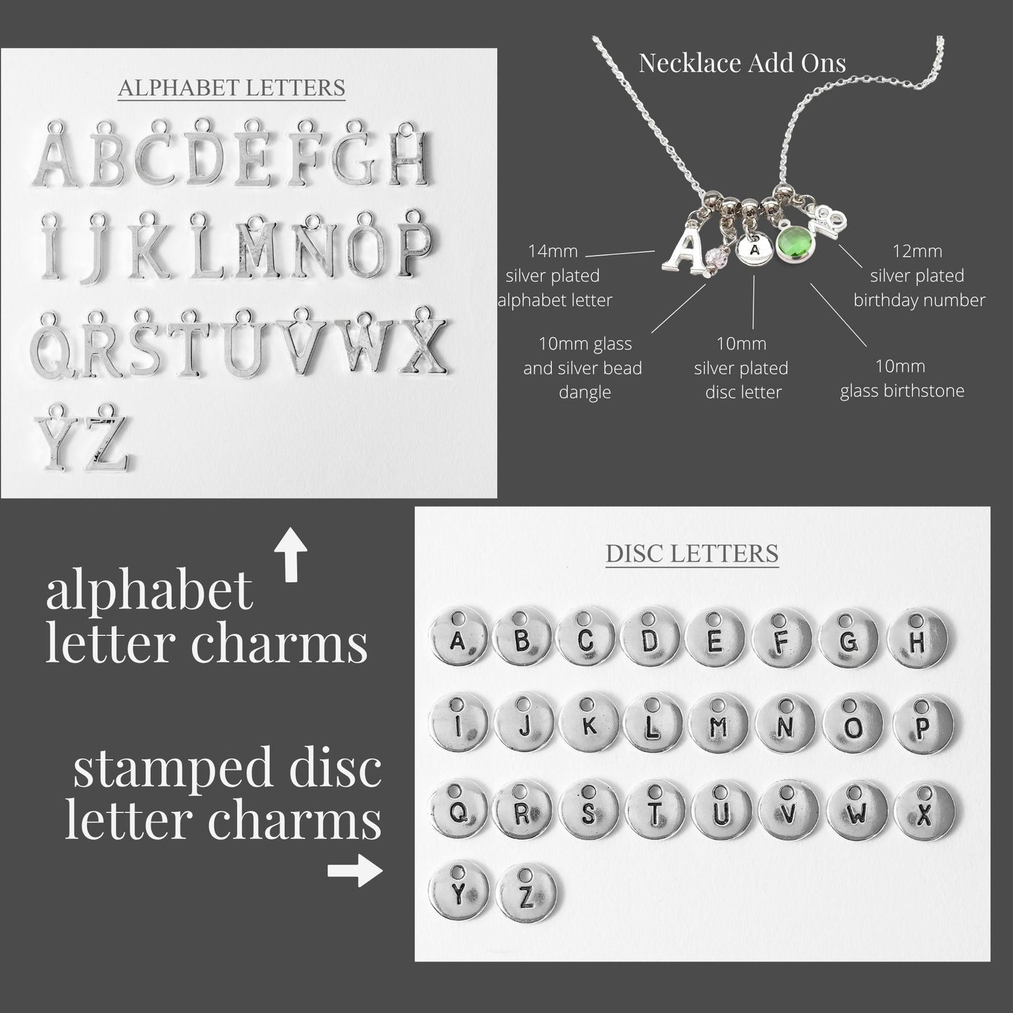Collection of alphabet letter charms and necklace add-ons on a gray background