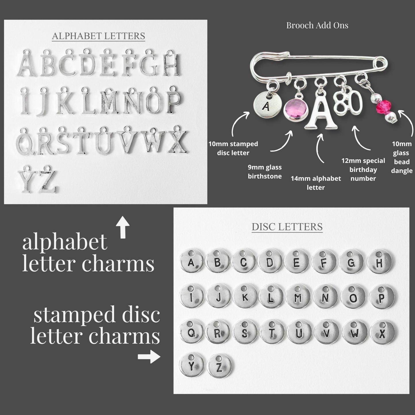 Collection of alphabet letter charms including a brooch with letter 'A' and numbers, stamped disc letter charms, and glass letter charms.