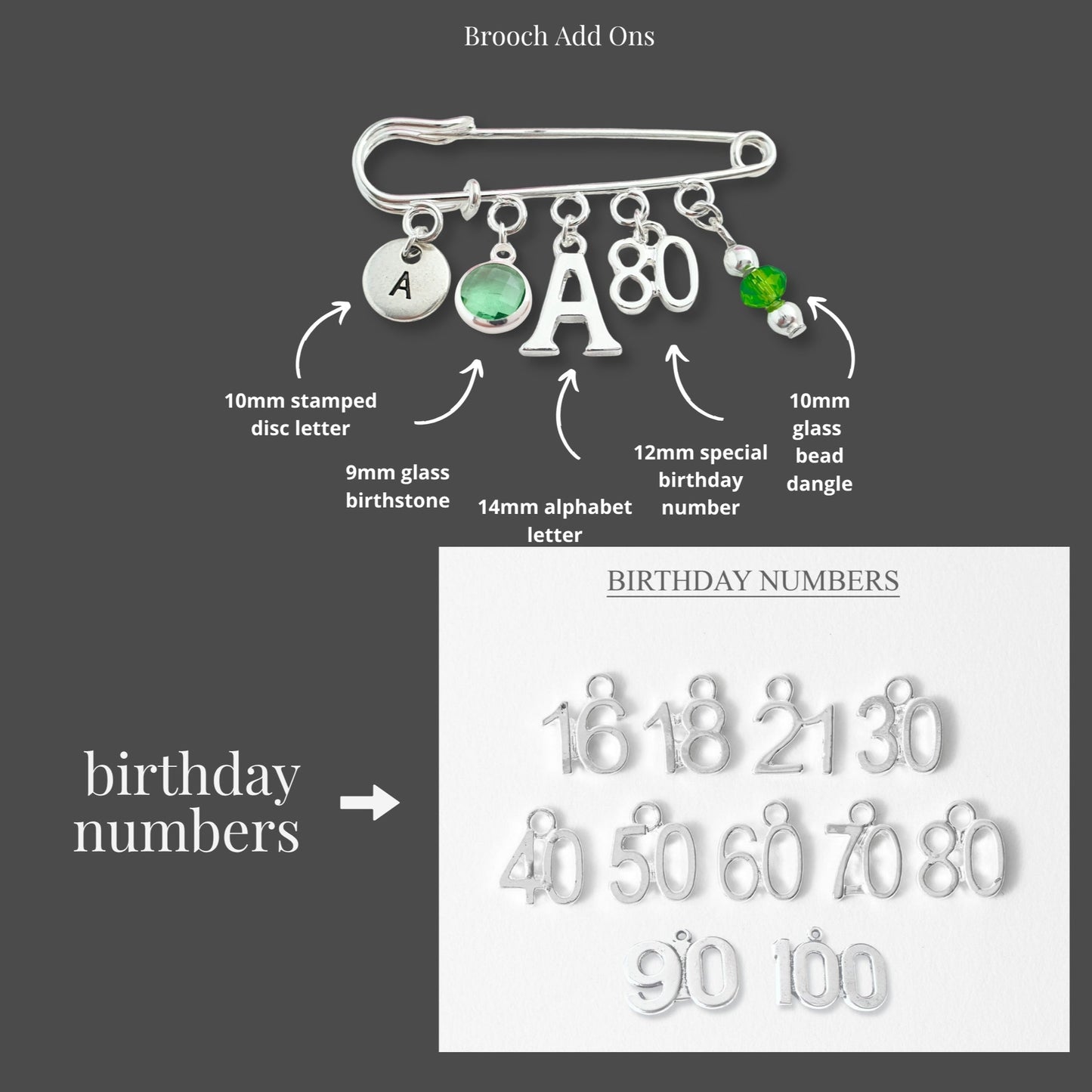 Brooch with customizable add-ons including letters, numbers, and stones on a gray background.