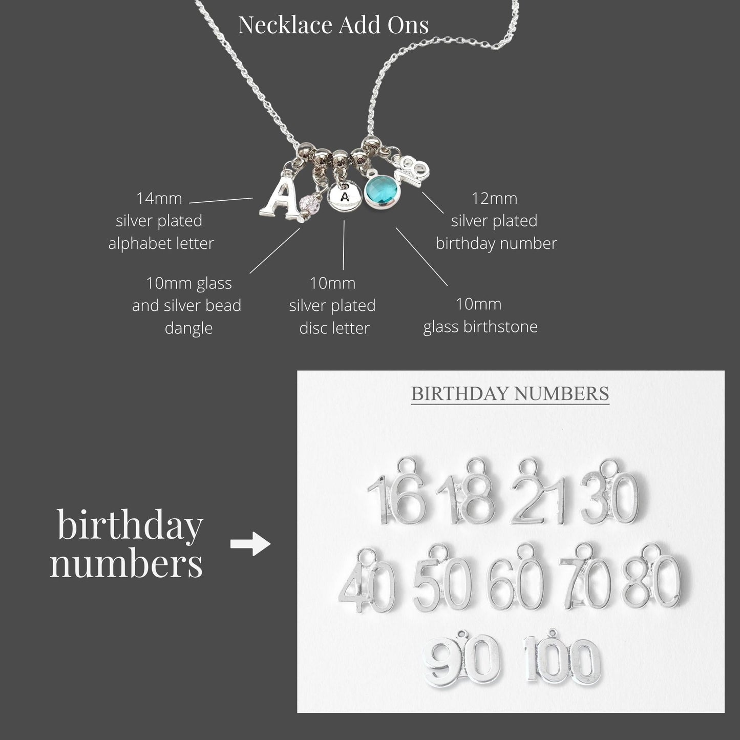 Jewelry necklace with letter and number charms on a gray background with product details.