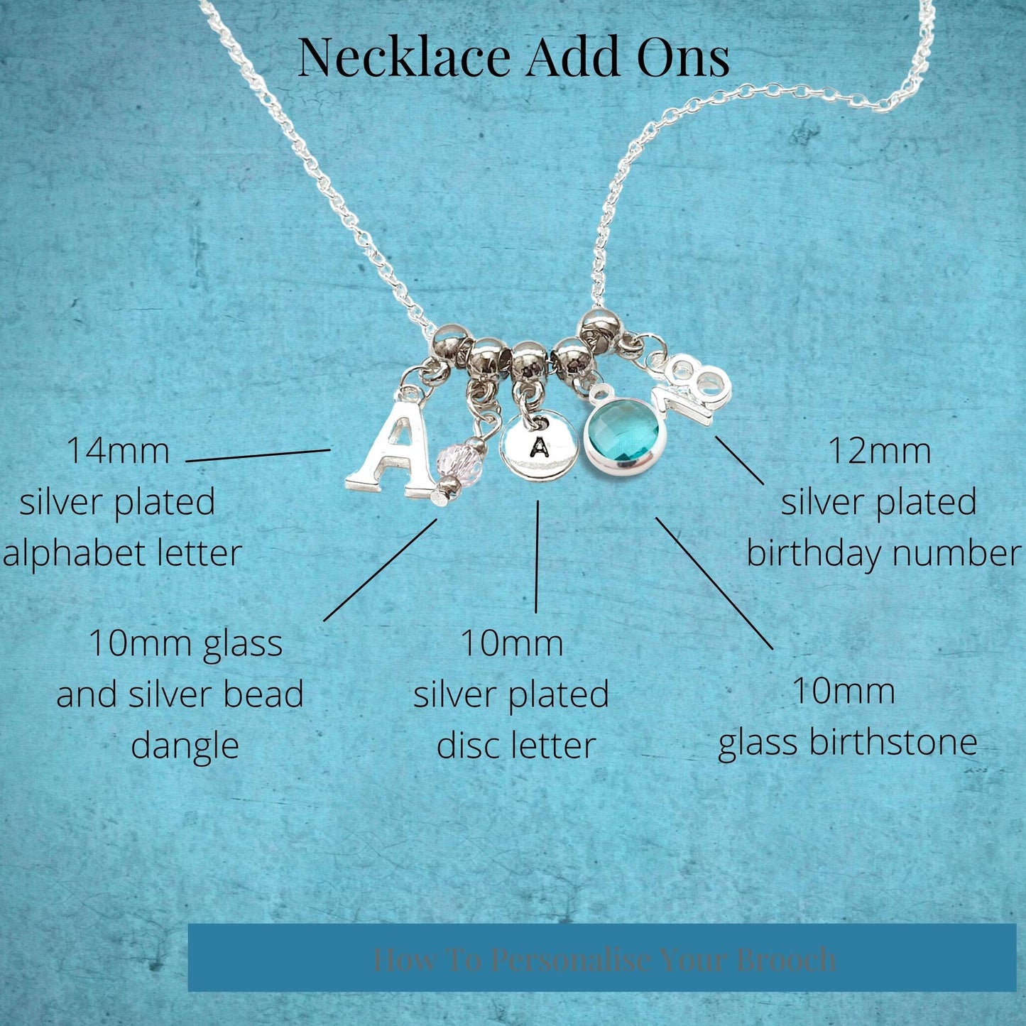 Necklace with various add-on charms on a blue background