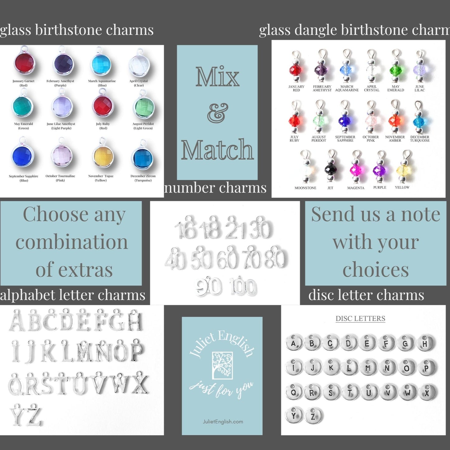 Collection of glass birthstone, dangle, number, letter, and disc letter charms on a gray background.