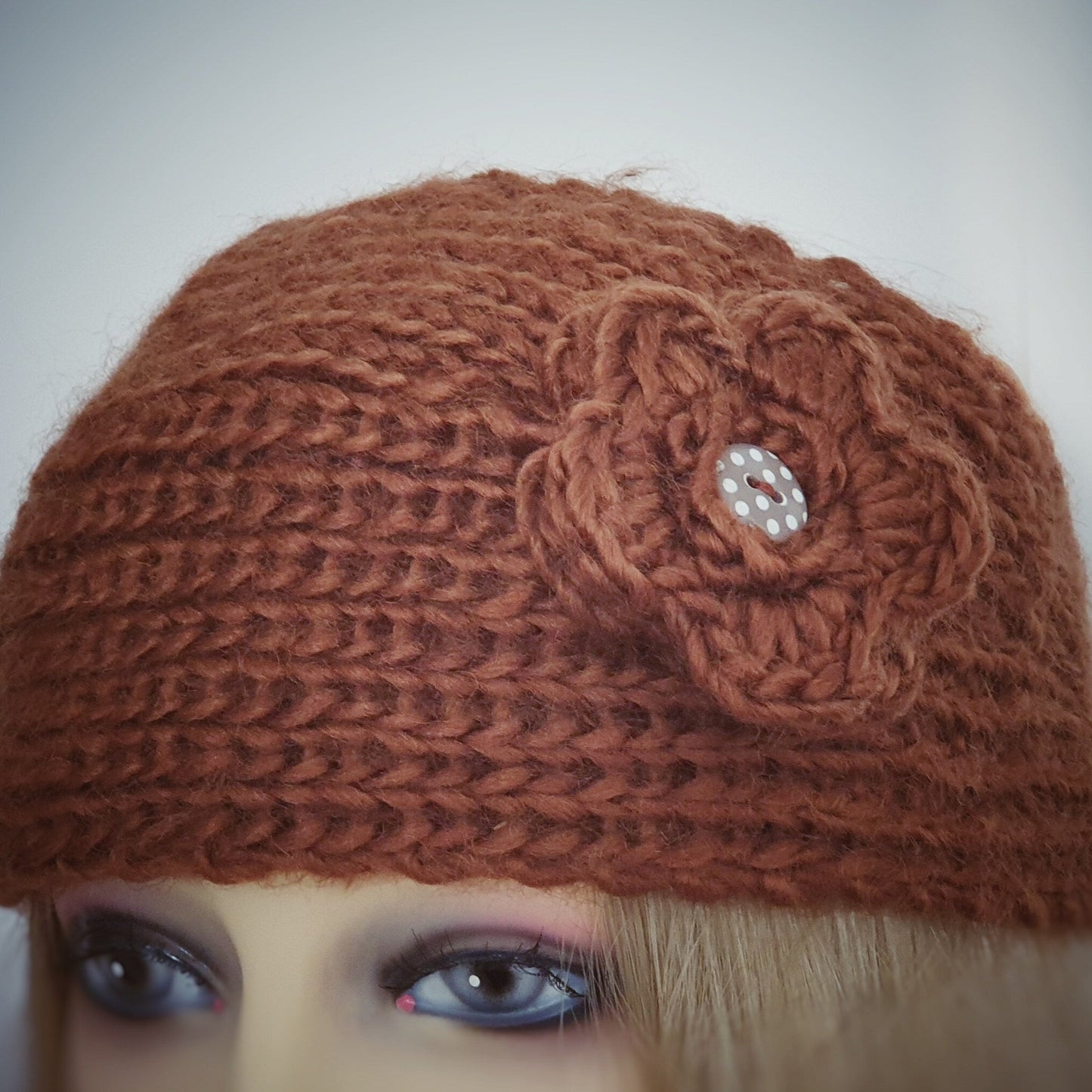 Knitted Flower Headband - Brown