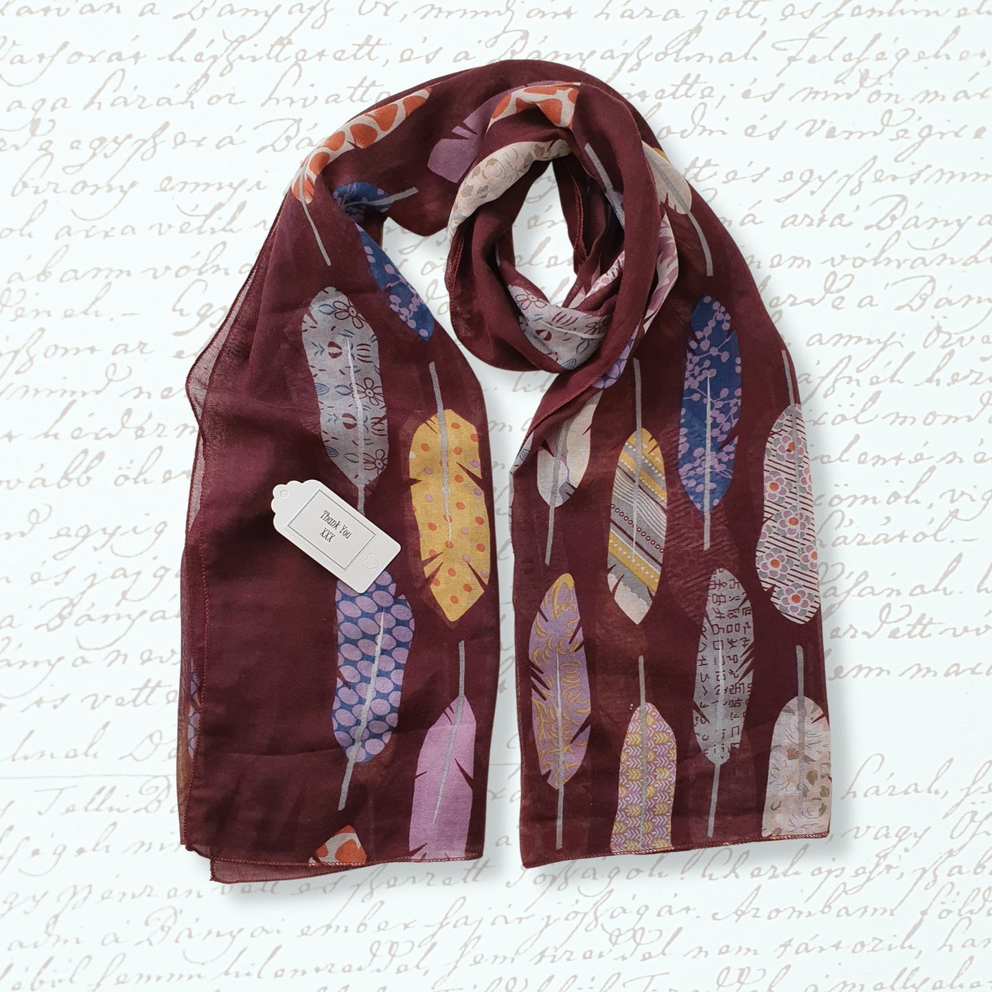 Feather Print Scarf - Maroon