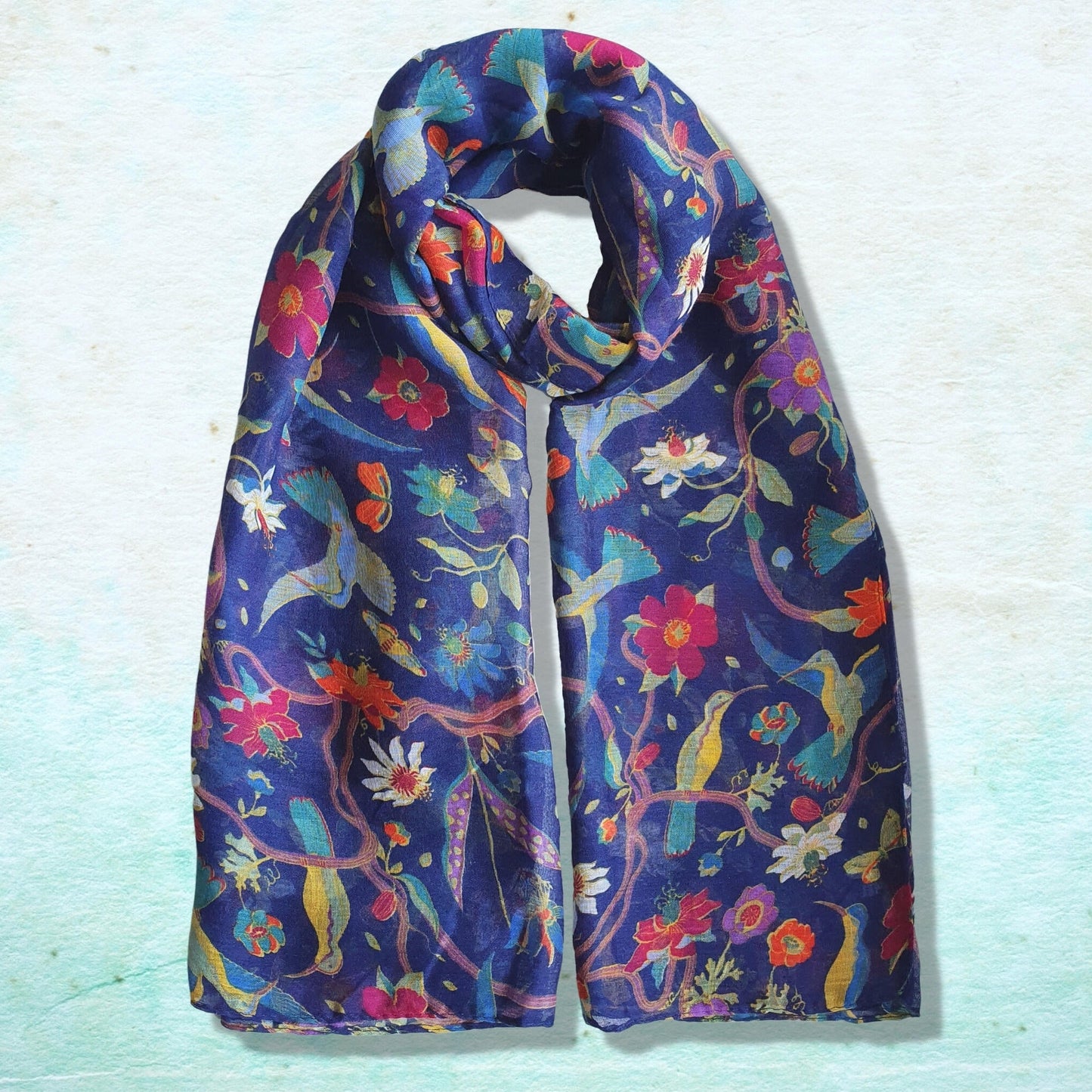 Chintz Bird Print Floral Scarf - Dark Blue