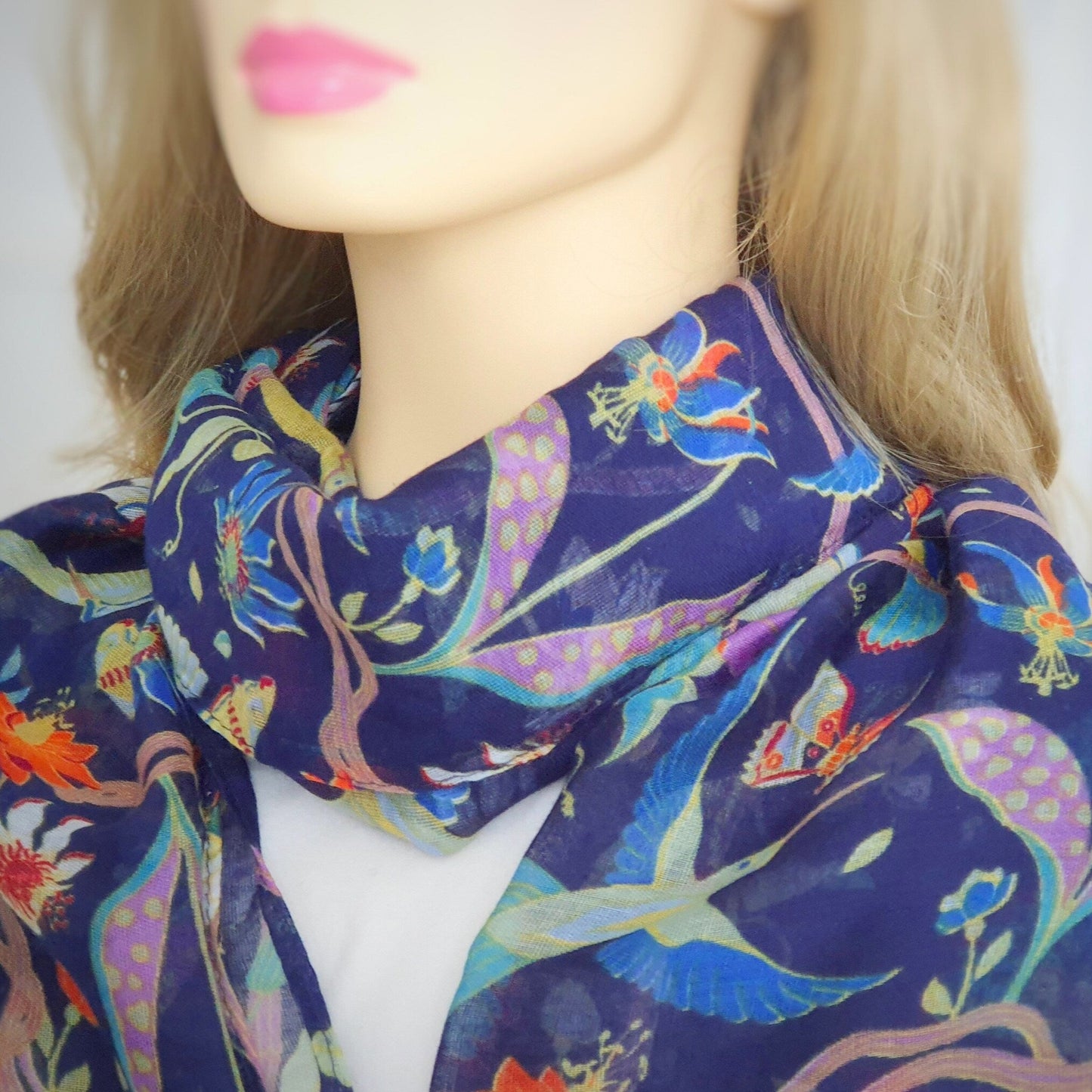 Chintz Bird Print Floral Scarf - Dark Blue
