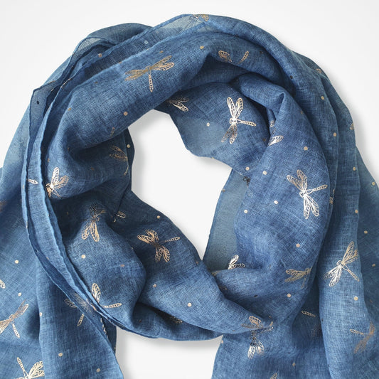 Ladies Lightweight Scarf with Rose Gold Dragonfly Design - Dark Blue