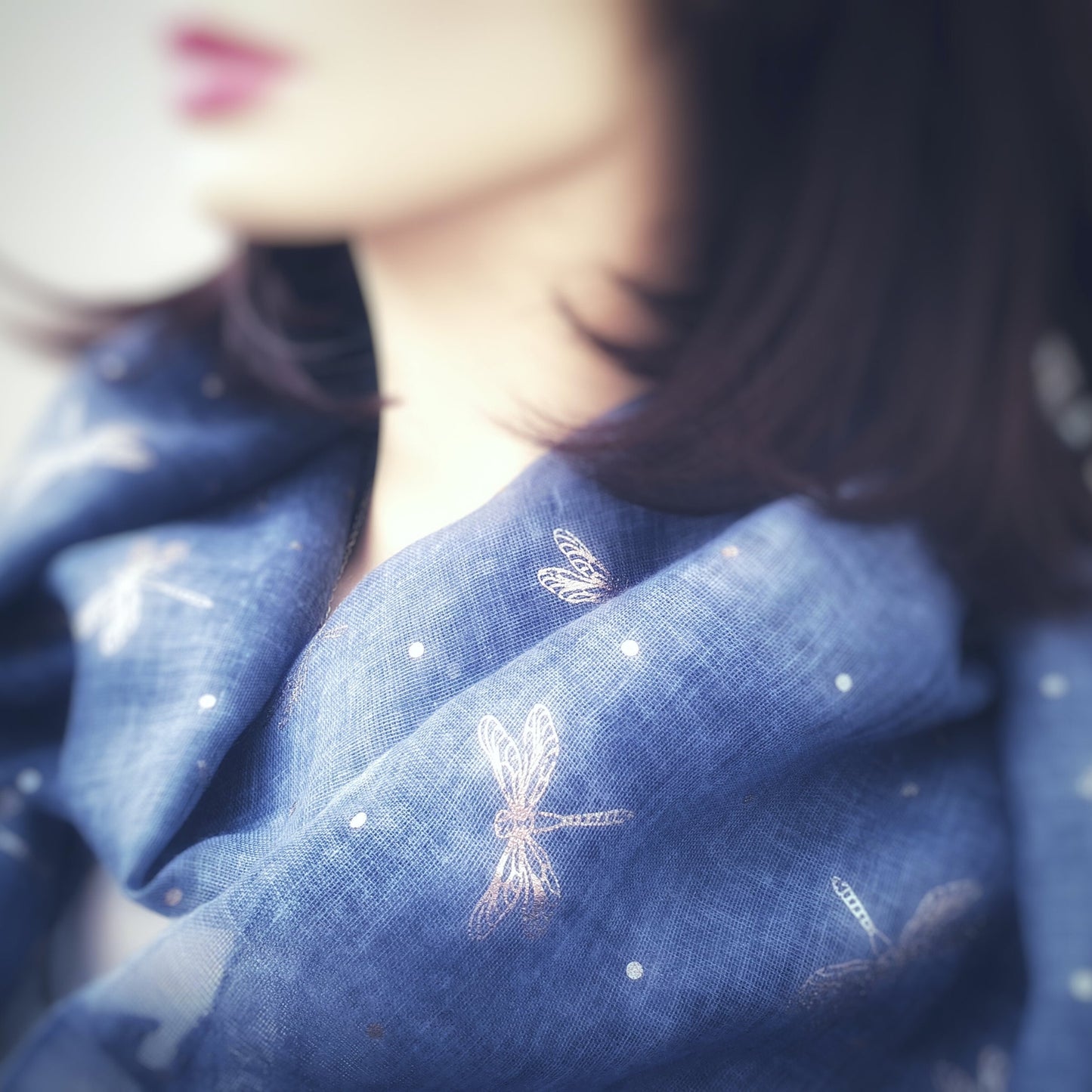 Ladies Lightweight Scarf with Rose Gold Dragonfly Design - Dark Blue