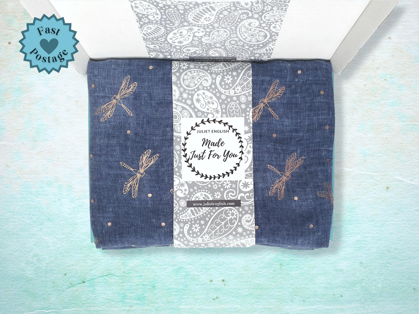 Ladies Lightweight Scarf with Rose Gold Dragonfly Design - Dark Blue