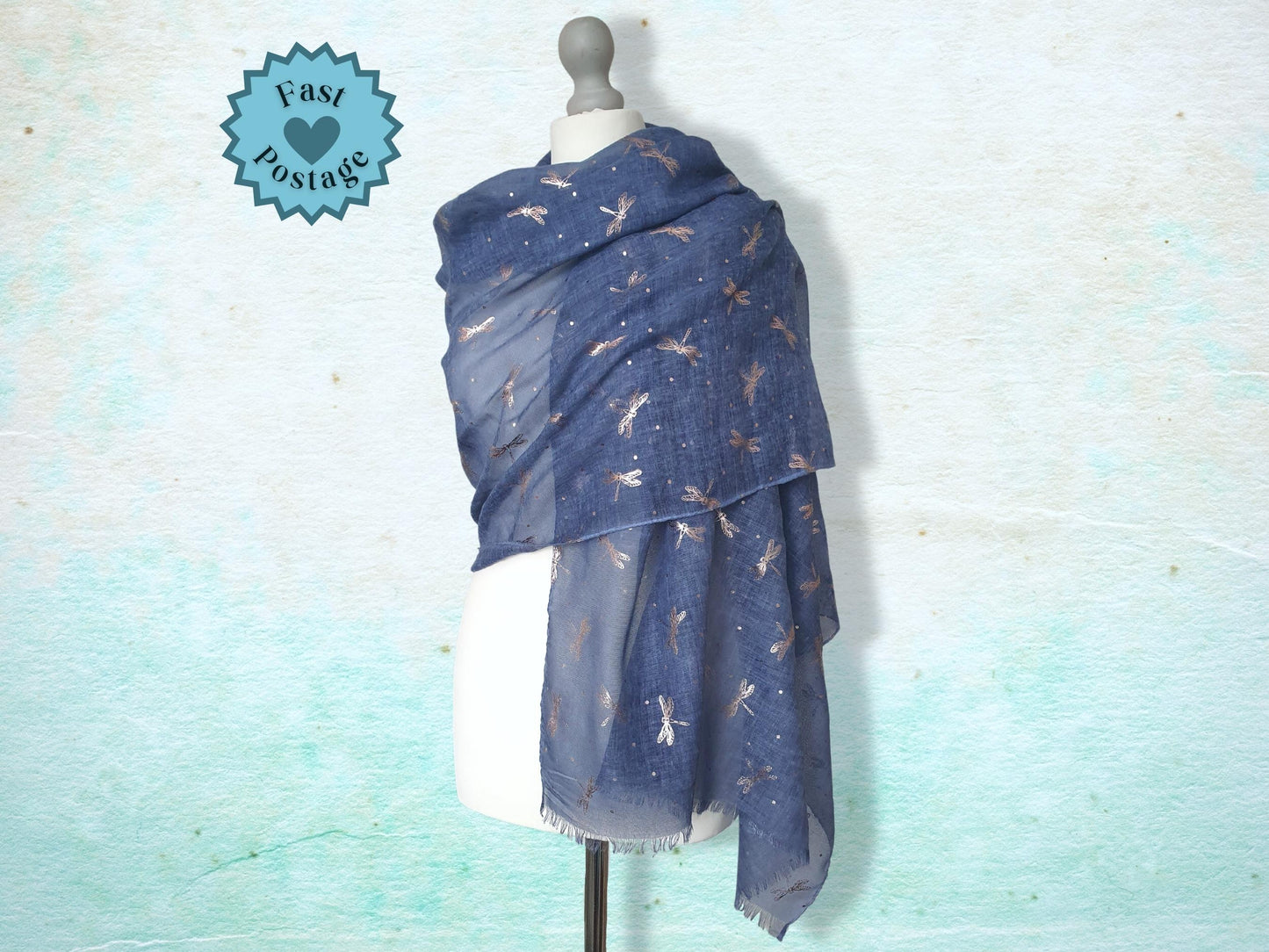 Ladies Lightweight Scarf with Rose Gold Dragonfly Design - Dark Blue